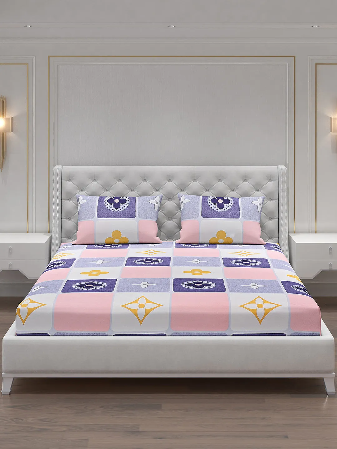 120 GSM  Polyester Double Bed Bedsheet with 2 Pillow Covers