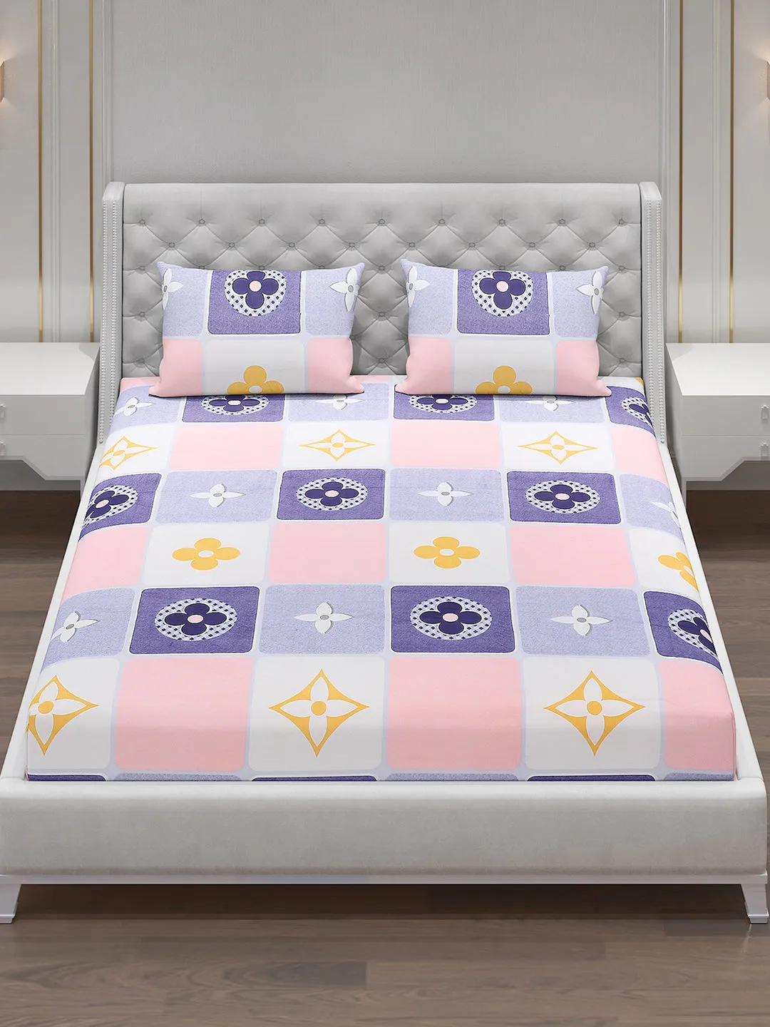 120 GSM  Polyester Double Bed Bedsheet with 2 Pillow Covers
