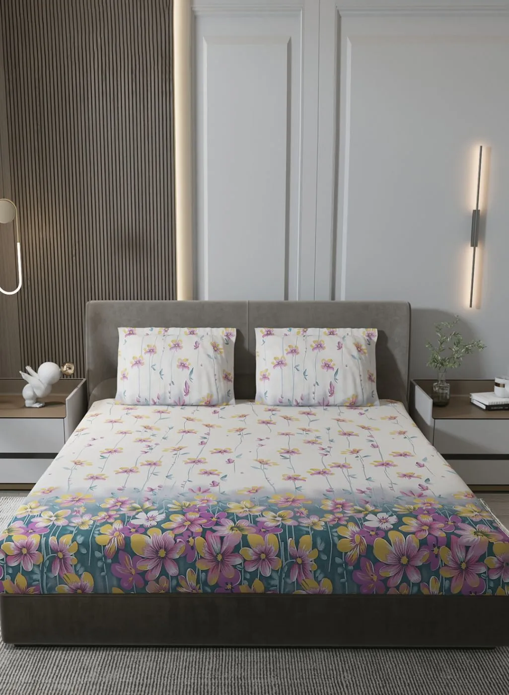 130 GSM Polyester Queen Bedsheet with 2 Pillow Covers