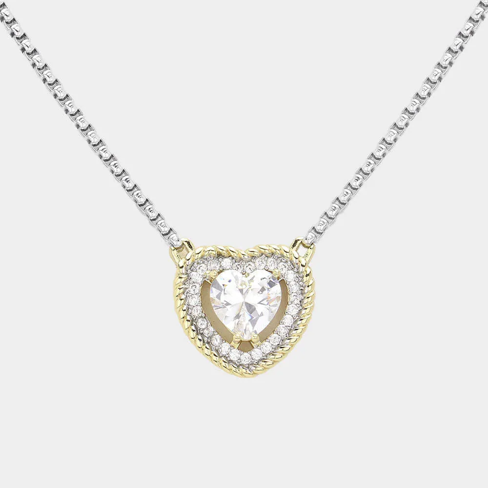 14K Gold Plated Two Tone CZ Heart Pendant Necklace