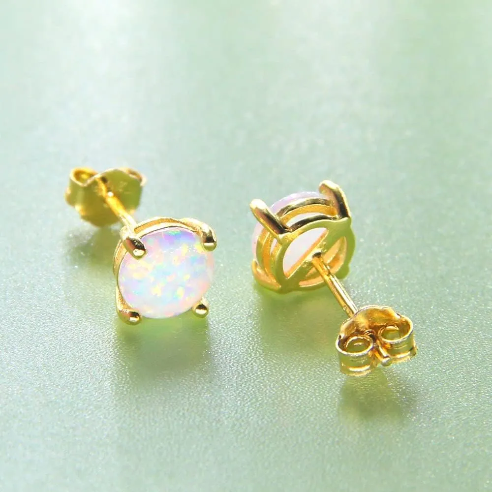 14K Yellow Gold Filled Sterling Silver 3/4/5/6MM Fire Opal Gemstone Stud Earring for Women Men, Color White - Blue - Pink - Green - Black