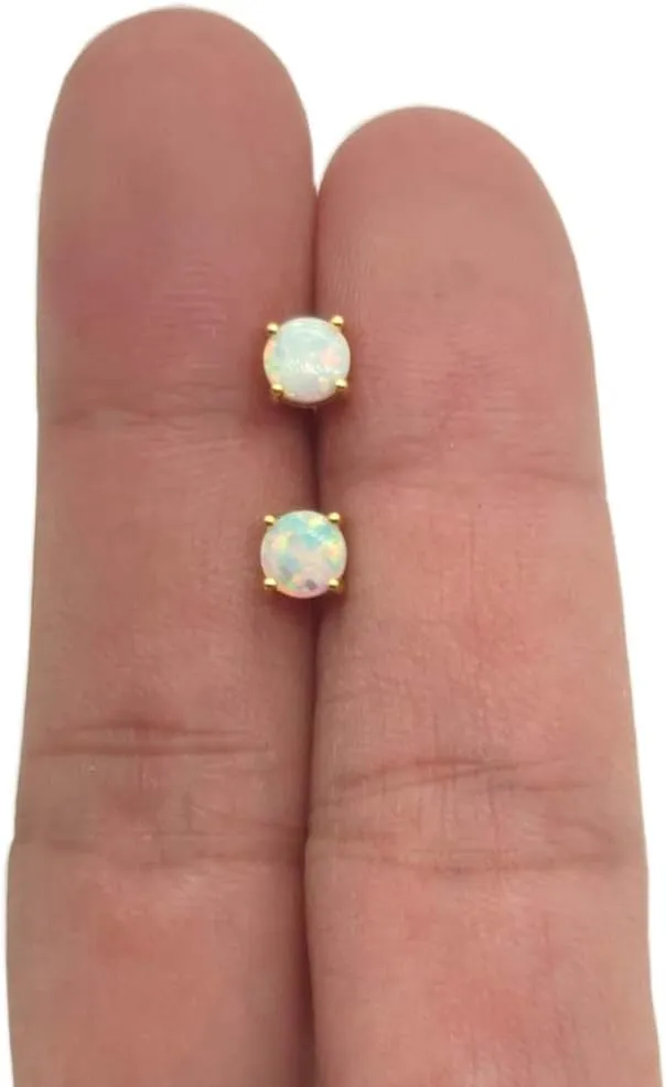 14K Yellow Gold Filled Sterling Silver 3/4/5/6MM Fire Opal Gemstone Stud Earring for Women Men, Color White - Blue - Pink - Green - Black