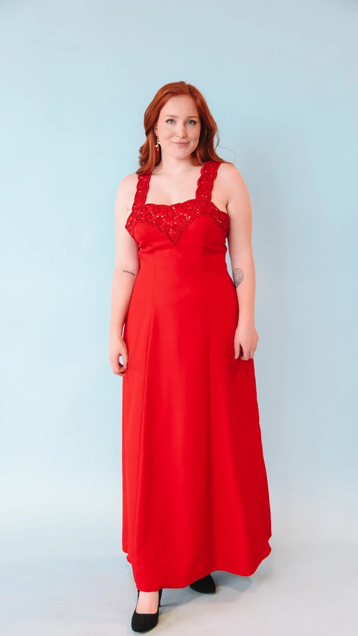1990s Alyce Red Beaded Maxi Dress, sz. M/L
