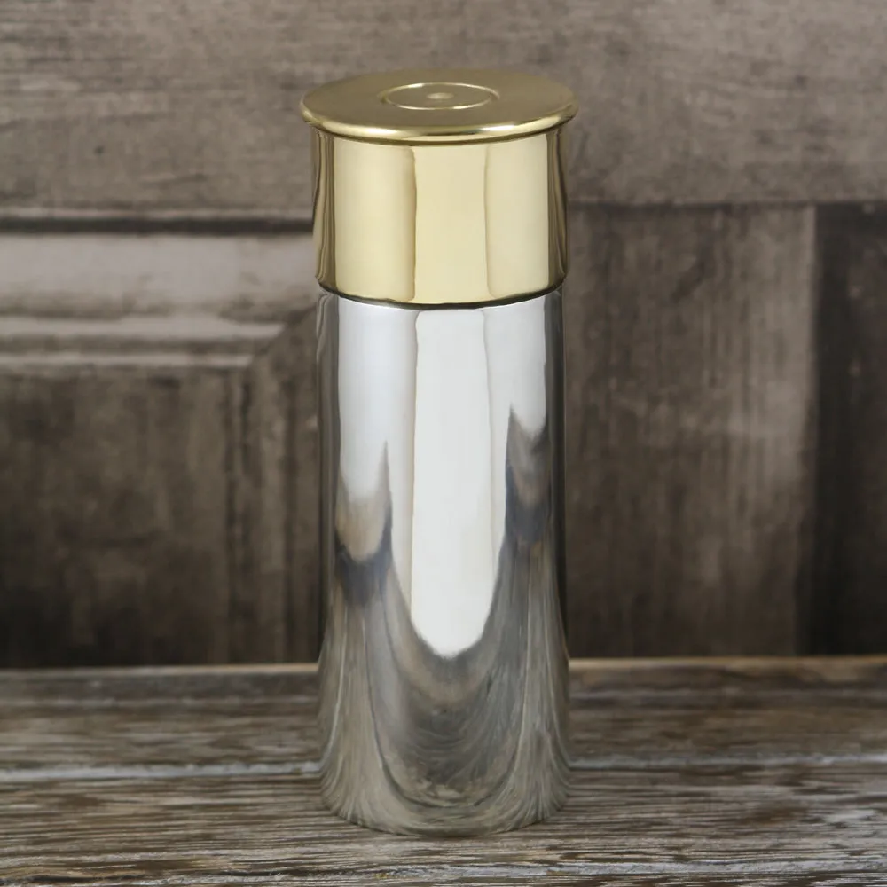 6oz Pewter Shotgun Cartridge Hip Flask with Brass Lid