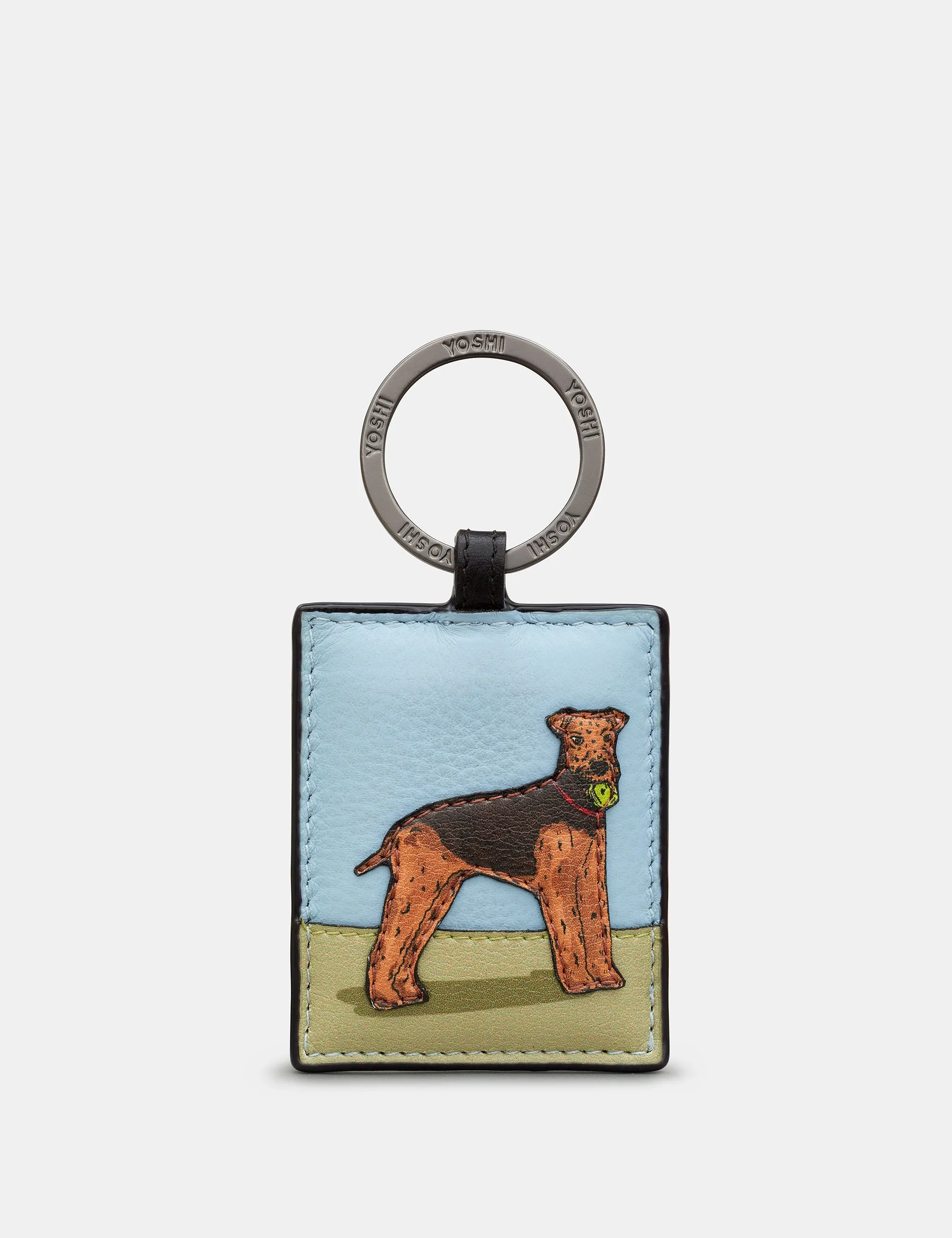 Airedale Terrier Dog Walk Black Leather Keyring