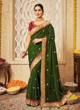 Art Silk Fabric Green Color Zari Work Laced Border Saree