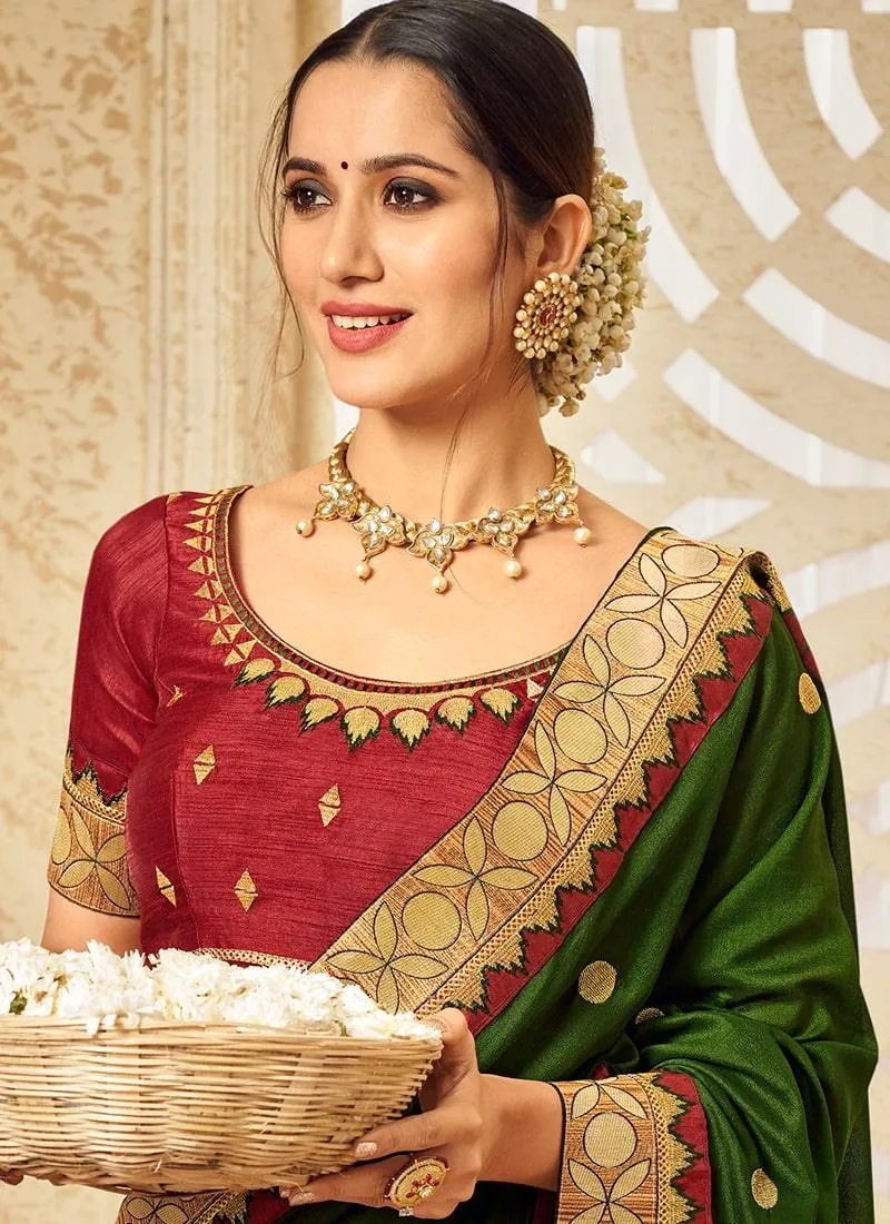 Art Silk Fabric Green Color Zari Work Laced Border Saree