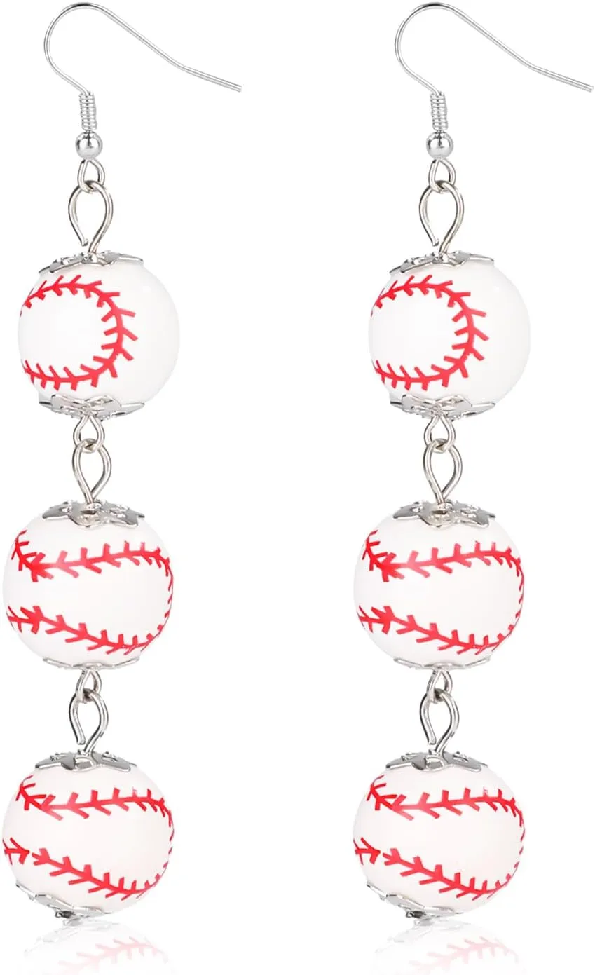 Baseball Drop Earrings, Alloy, Dangle, Clip On, White, Red