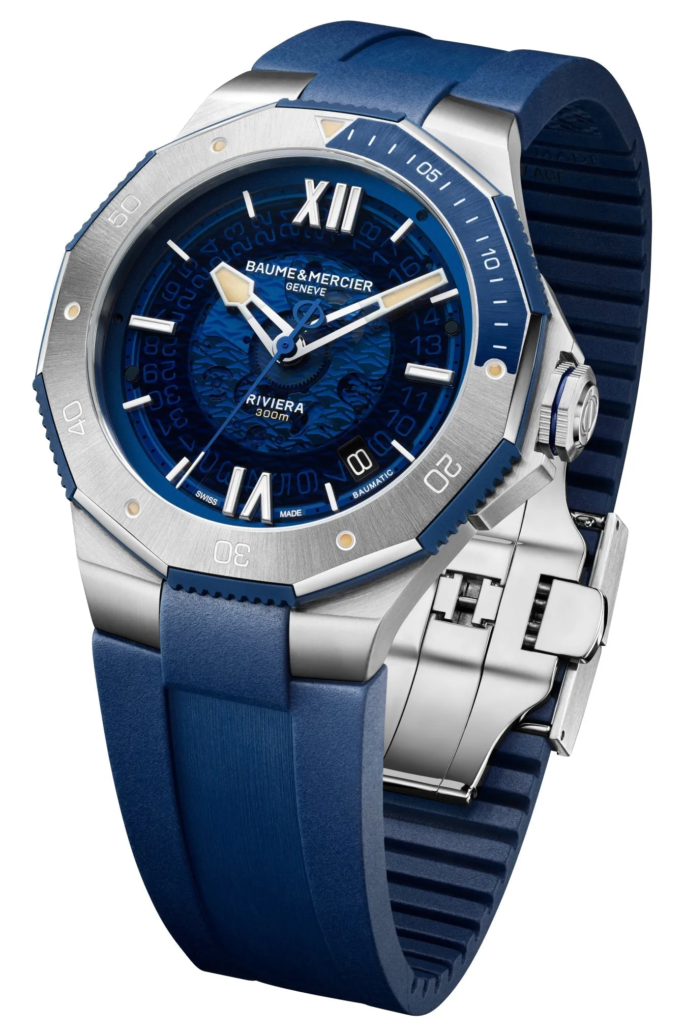 Baume & Mercier Riviera Automatic Stainless Steel Blue Dial Blue Rubber Strap Date Divers Mens Watch M0A10716