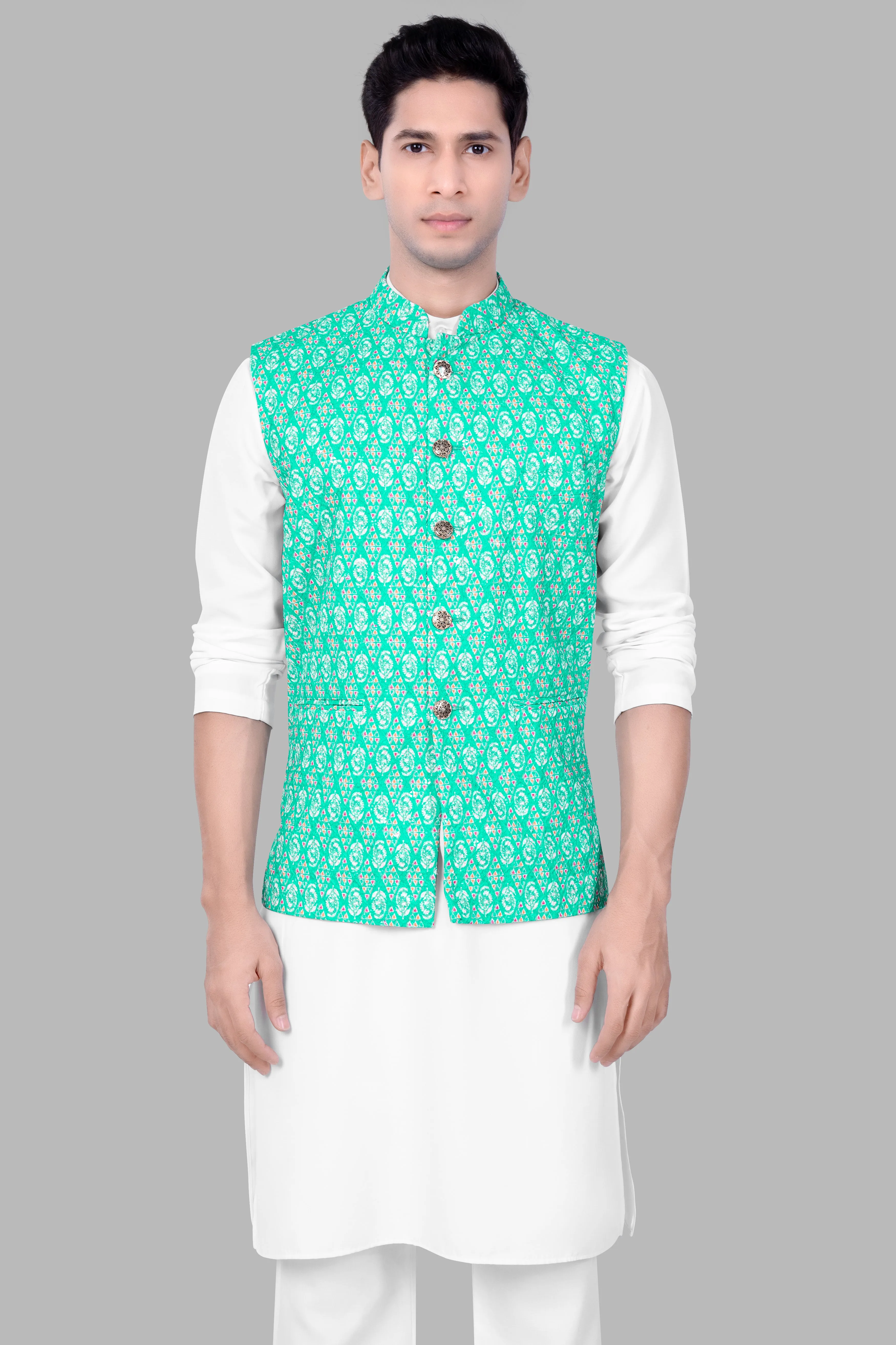 Bisque Beige Kurta Set With Caribbean Blue And Brilliant Rose Pink Designer Thread Embroidered Nehru Jacket
