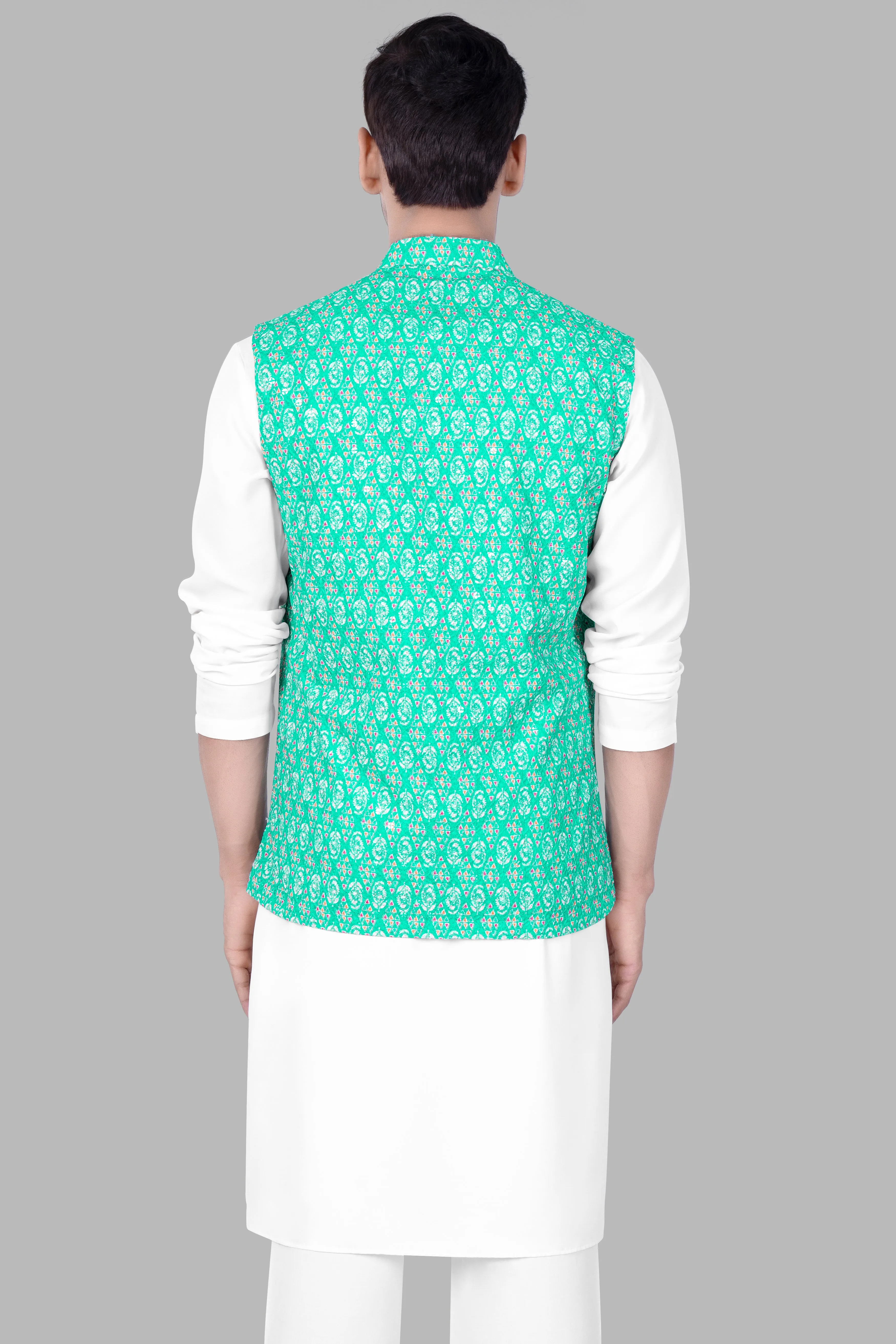 Bisque Beige Kurta Set With Caribbean Blue And Brilliant Rose Pink Designer Thread Embroidered Nehru Jacket