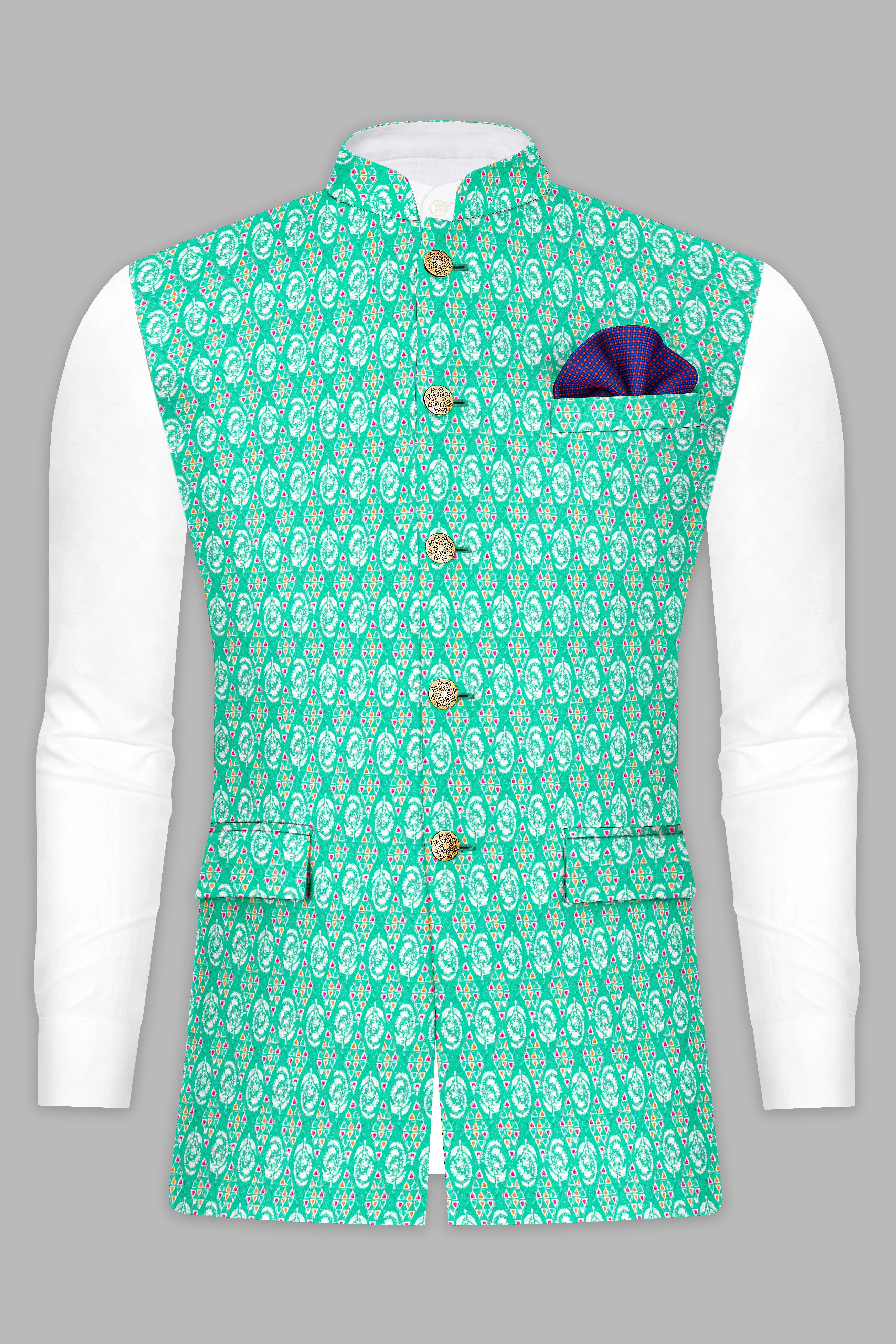 Bisque Beige Kurta Set With Caribbean Blue And Brilliant Rose Pink Designer Thread Embroidered Nehru Jacket