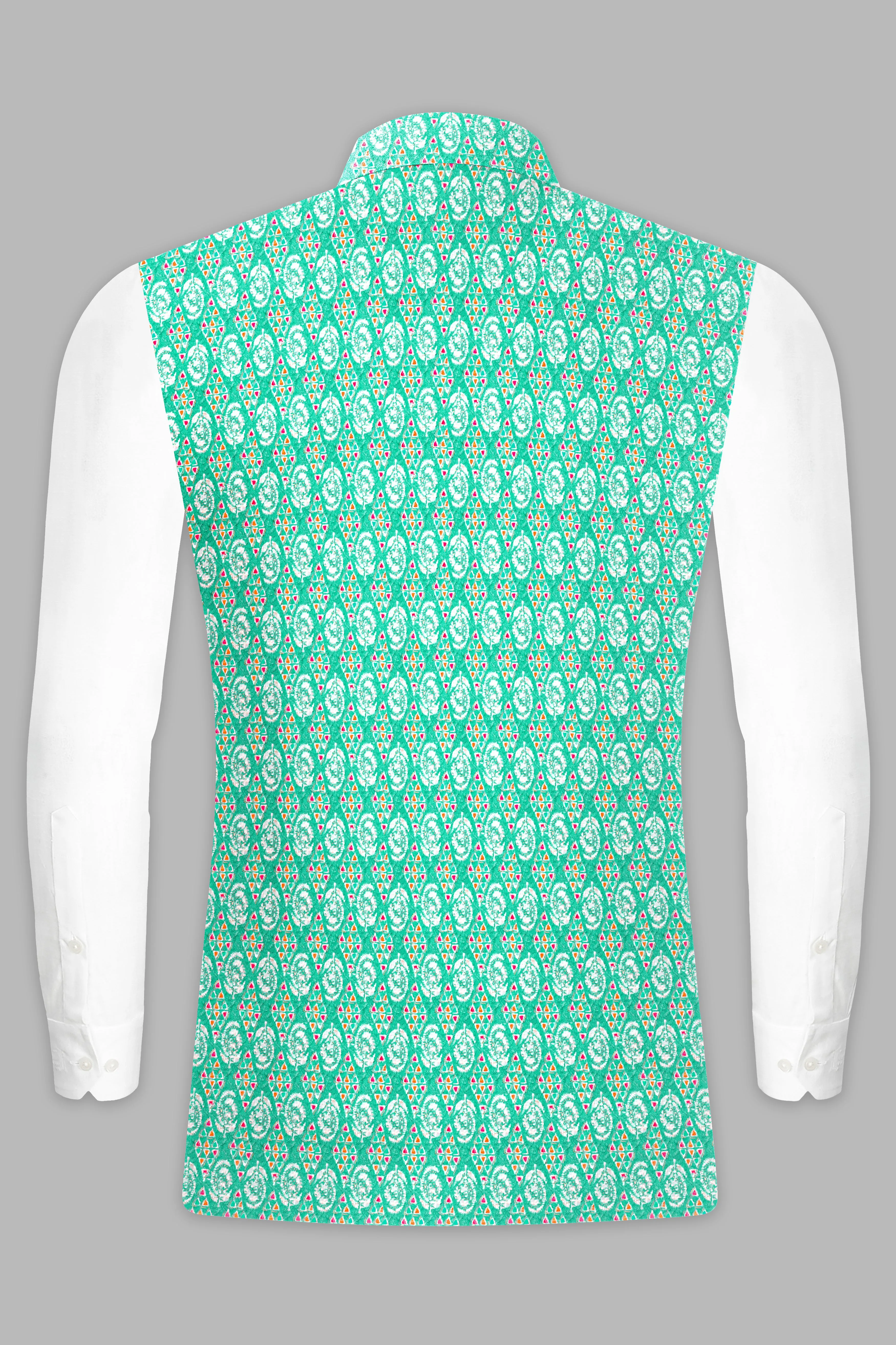 Bisque Beige Kurta Set With Caribbean Blue And Brilliant Rose Pink Designer Thread Embroidered Nehru Jacket