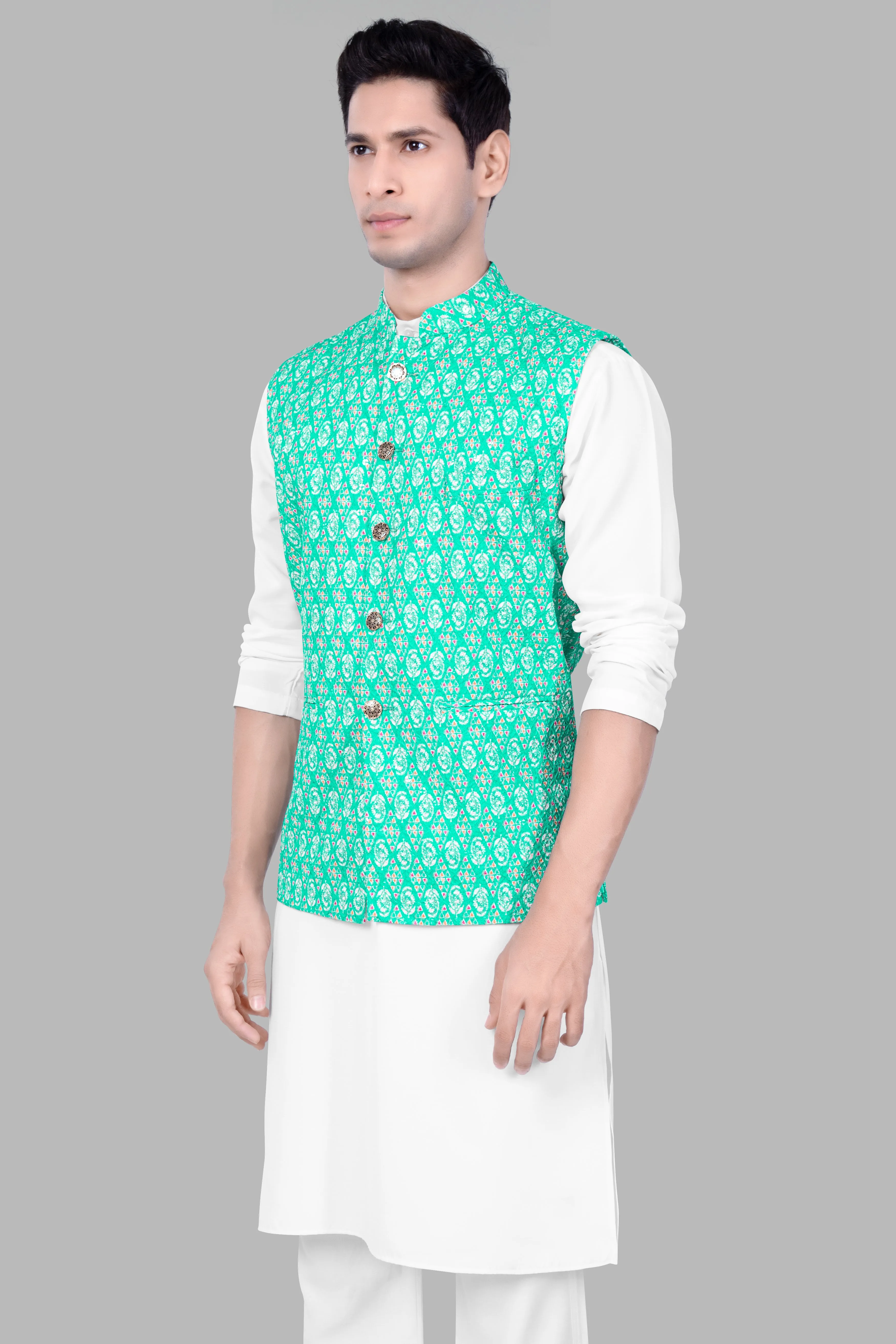 Bisque Beige Kurta Set With Caribbean Blue And Brilliant Rose Pink Designer Thread Embroidered Nehru Jacket