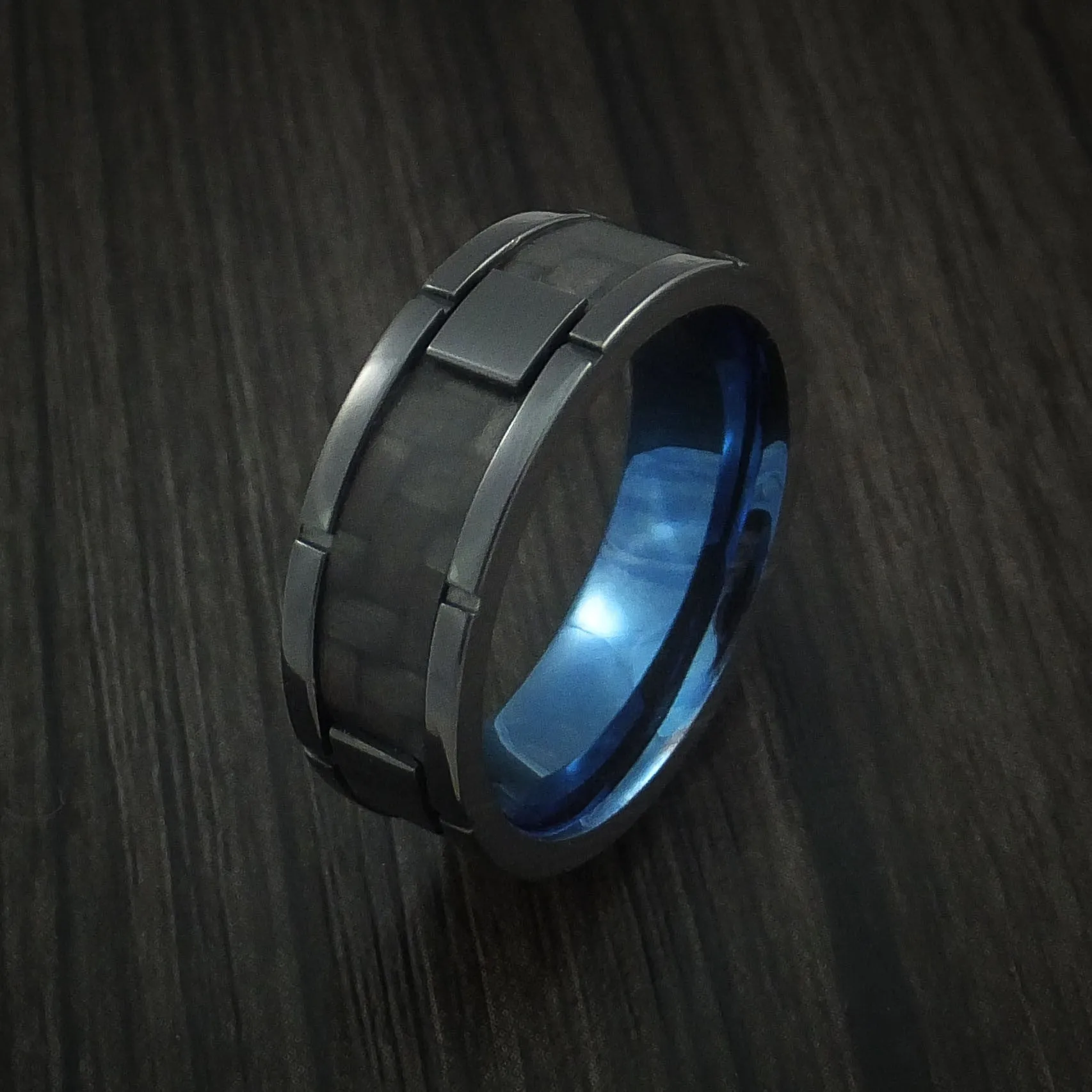 Black Titanium and Carbon Fiber Weave Pattern Men's Ring with Anodized Interior Custom Made