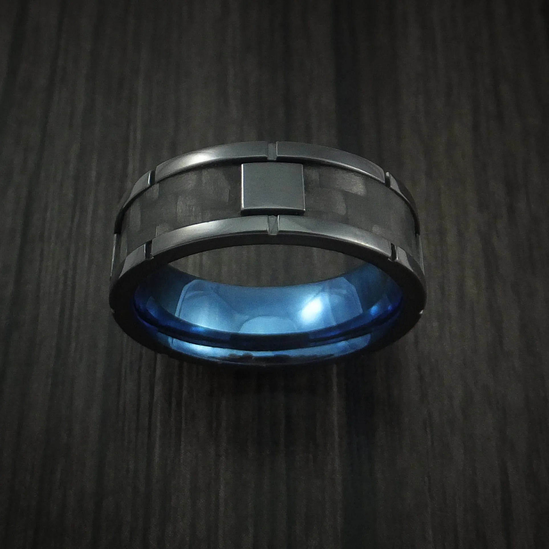 Black Titanium and Carbon Fiber Weave Pattern Men's Ring with Anodized Interior Custom Made