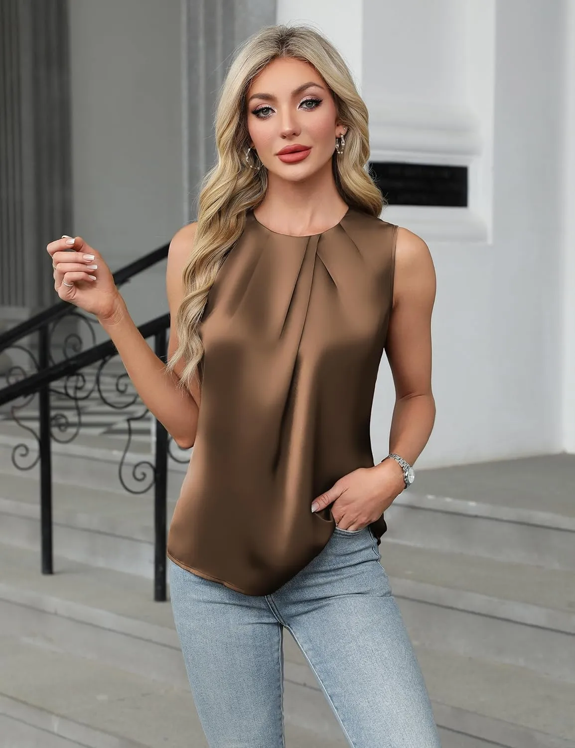 Blooming Jelly Womens Summer Tank Tops Business Casual Outfits Satin Blouse Dressy Work Shirts Spring Clothes