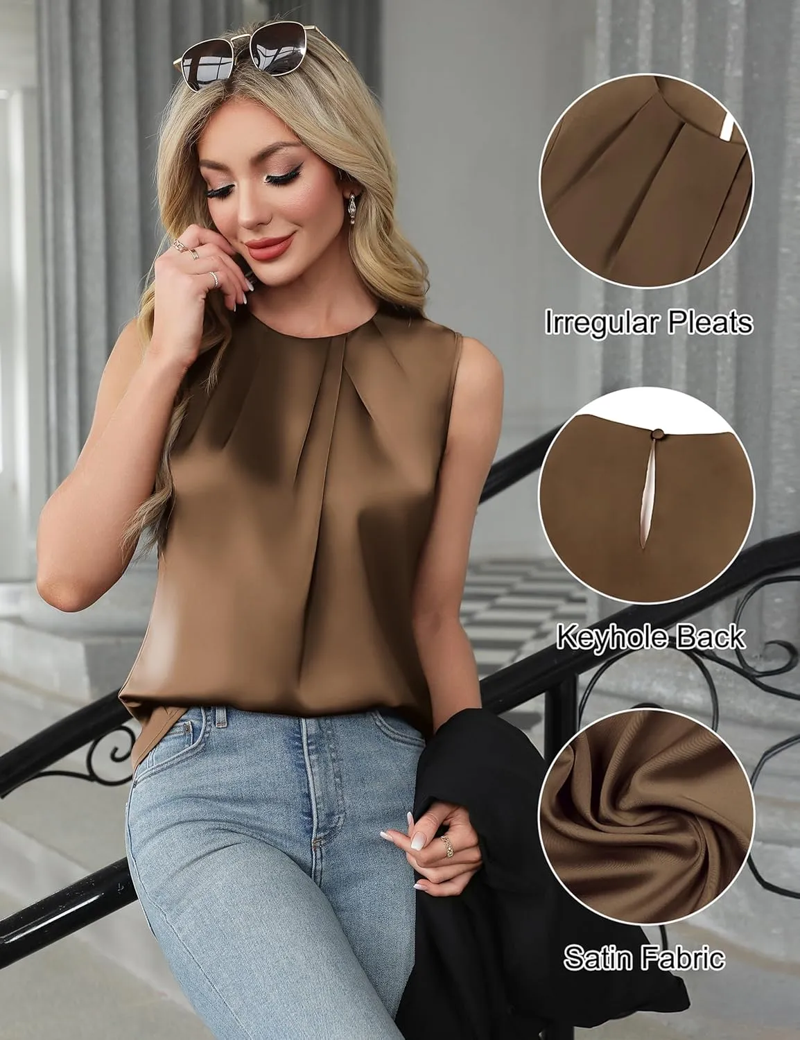 Blooming Jelly Womens Summer Tank Tops Business Casual Outfits Satin Blouse Dressy Work Shirts Spring Clothes