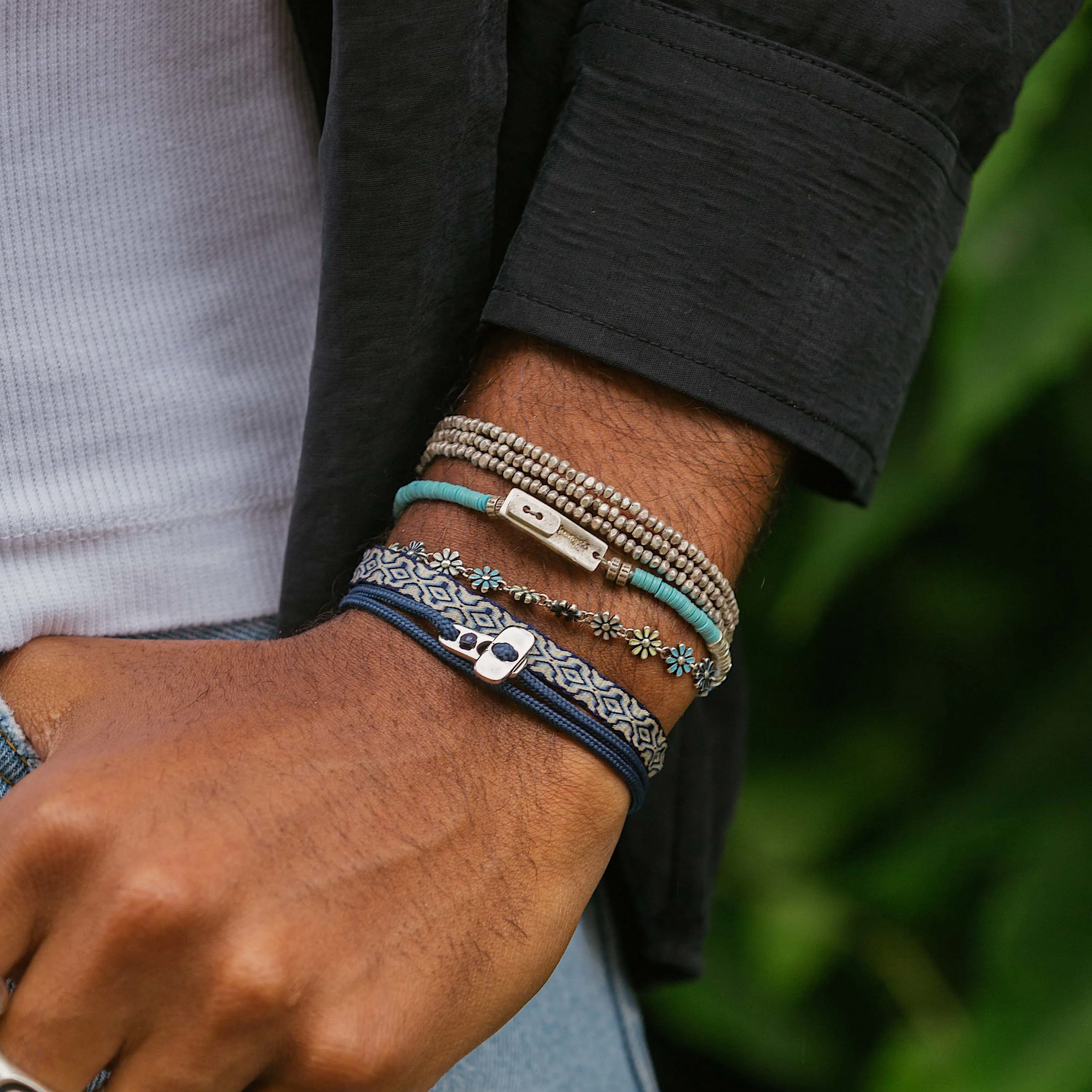 Bracelet With Recycled Vinyl And Sterling Silver Beads (Light Blue)