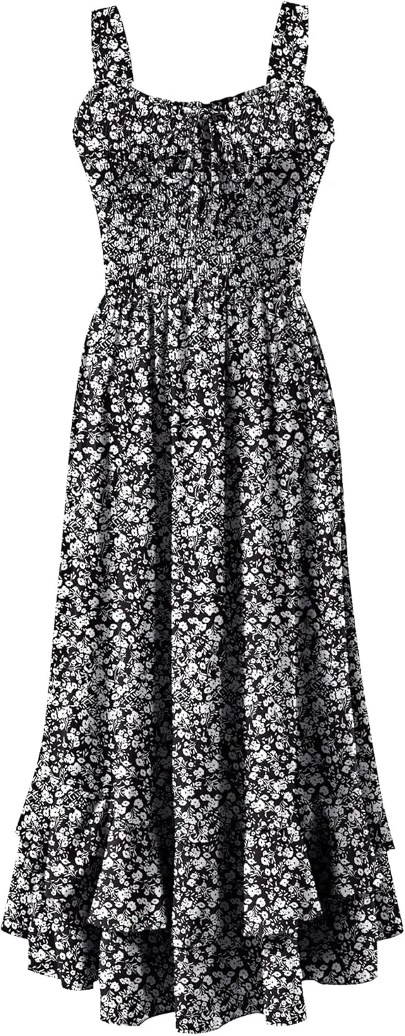 Caracilia Women's Smocked Maxi Dress Summer Casual Boho Sleeveless Strap Ruffle Backless Swing Flowy Beach Long Sundress