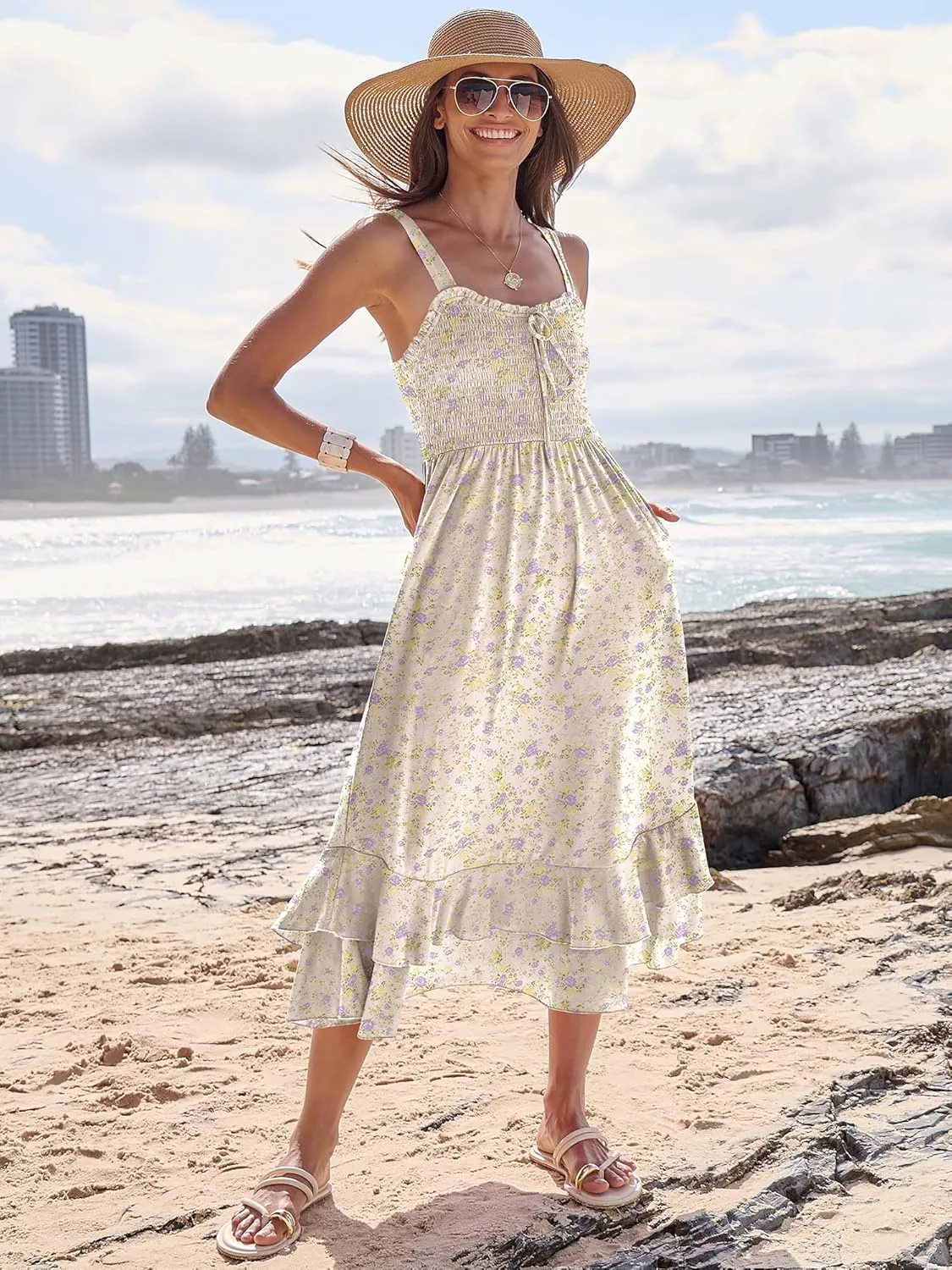 Caracilia Women's Smocked Maxi Dress Summer Casual Boho Sleeveless Strap Ruffle Backless Swing Flowy Beach Long Sundress