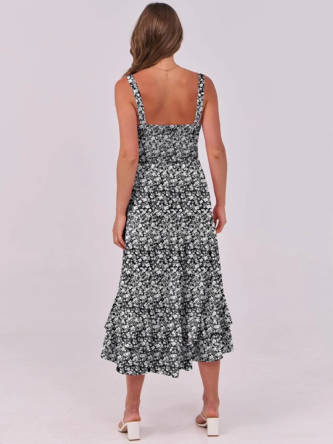 Caracilia Women's Smocked Maxi Dress Summer Casual Boho Sleeveless Strap Ruffle Backless Swing Flowy Beach Long Sundress