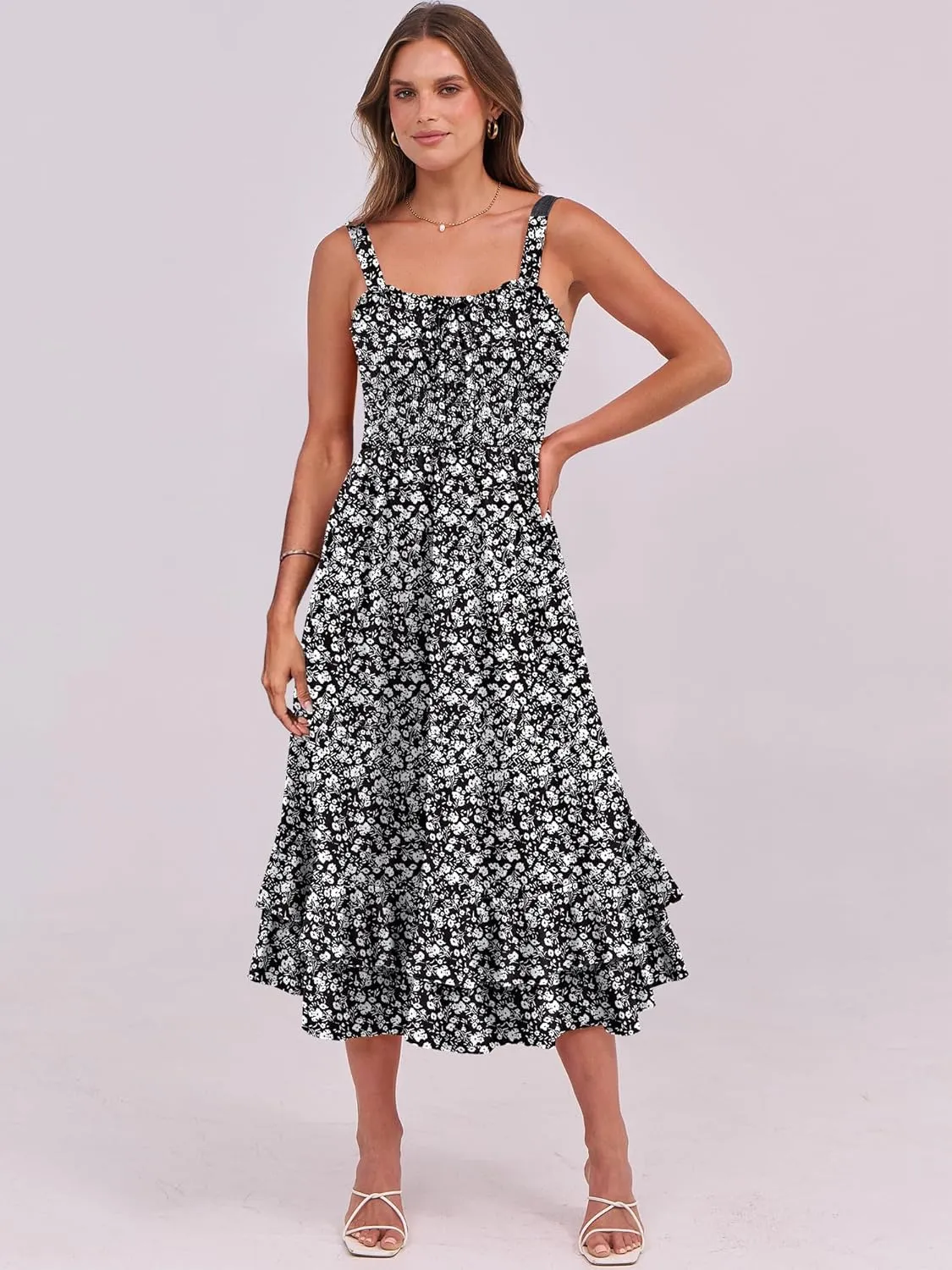 Caracilia Women's Smocked Maxi Dress Summer Casual Boho Sleeveless Strap Ruffle Backless Swing Flowy Beach Long Sundress