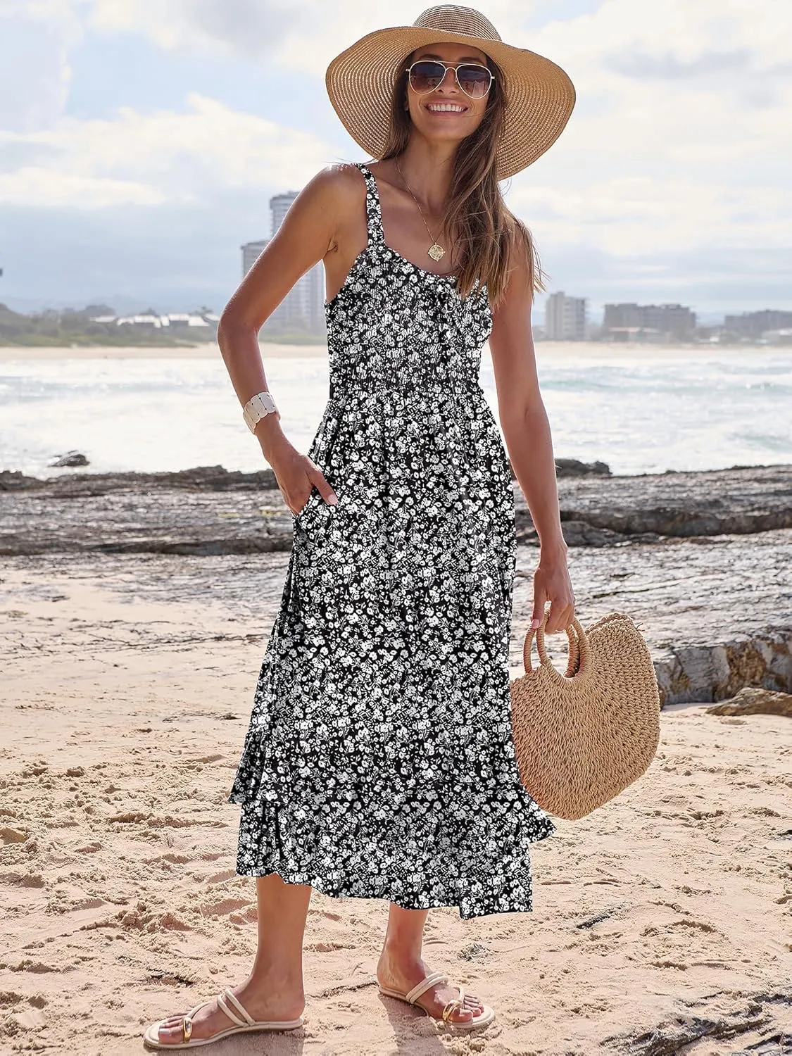 Caracilia Women's Smocked Maxi Dress Summer Casual Boho Sleeveless Strap Ruffle Backless Swing Flowy Beach Long Sundress