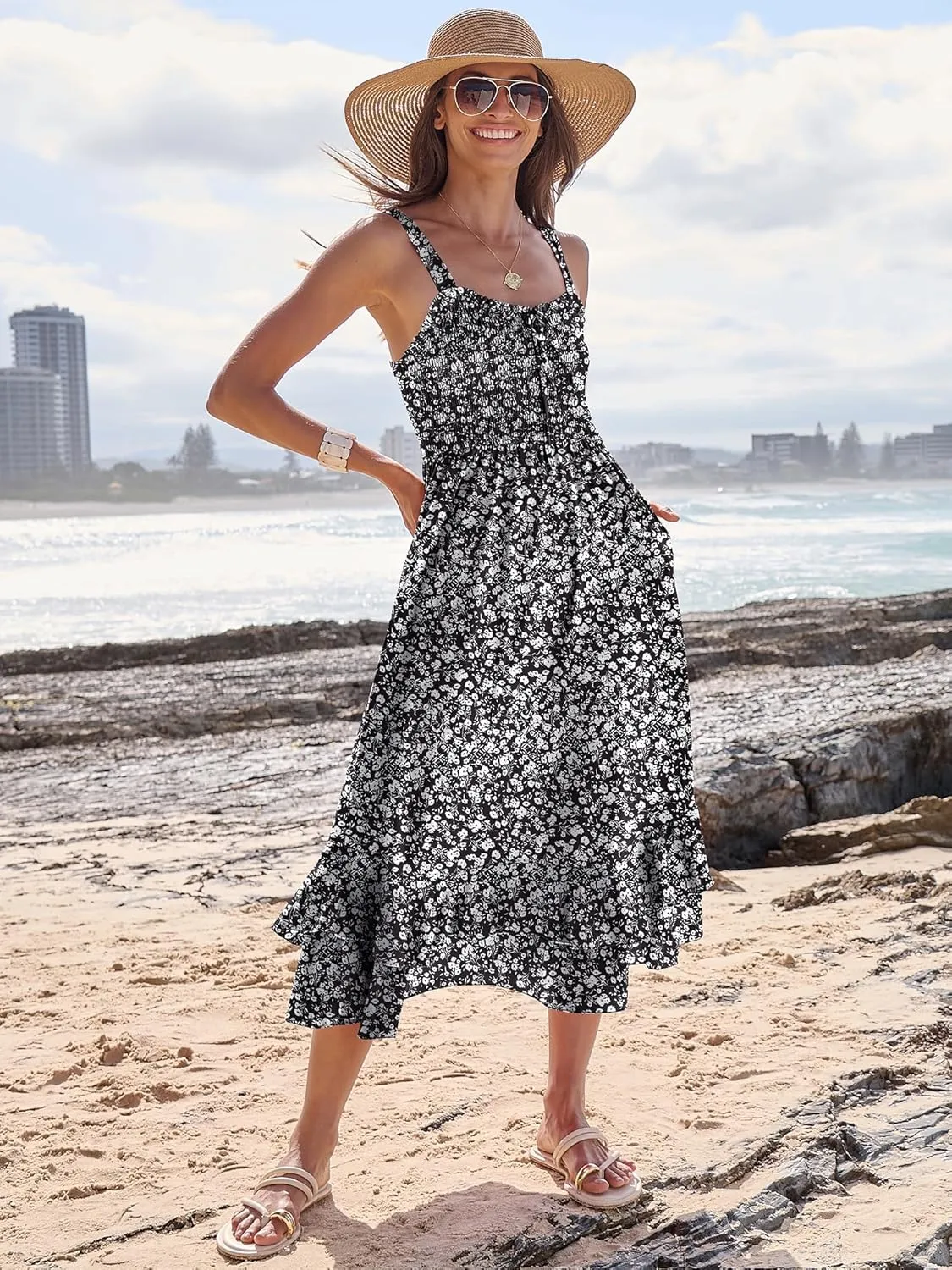 Caracilia Women's Smocked Maxi Dress Summer Casual Boho Sleeveless Strap Ruffle Backless Swing Flowy Beach Long Sundress