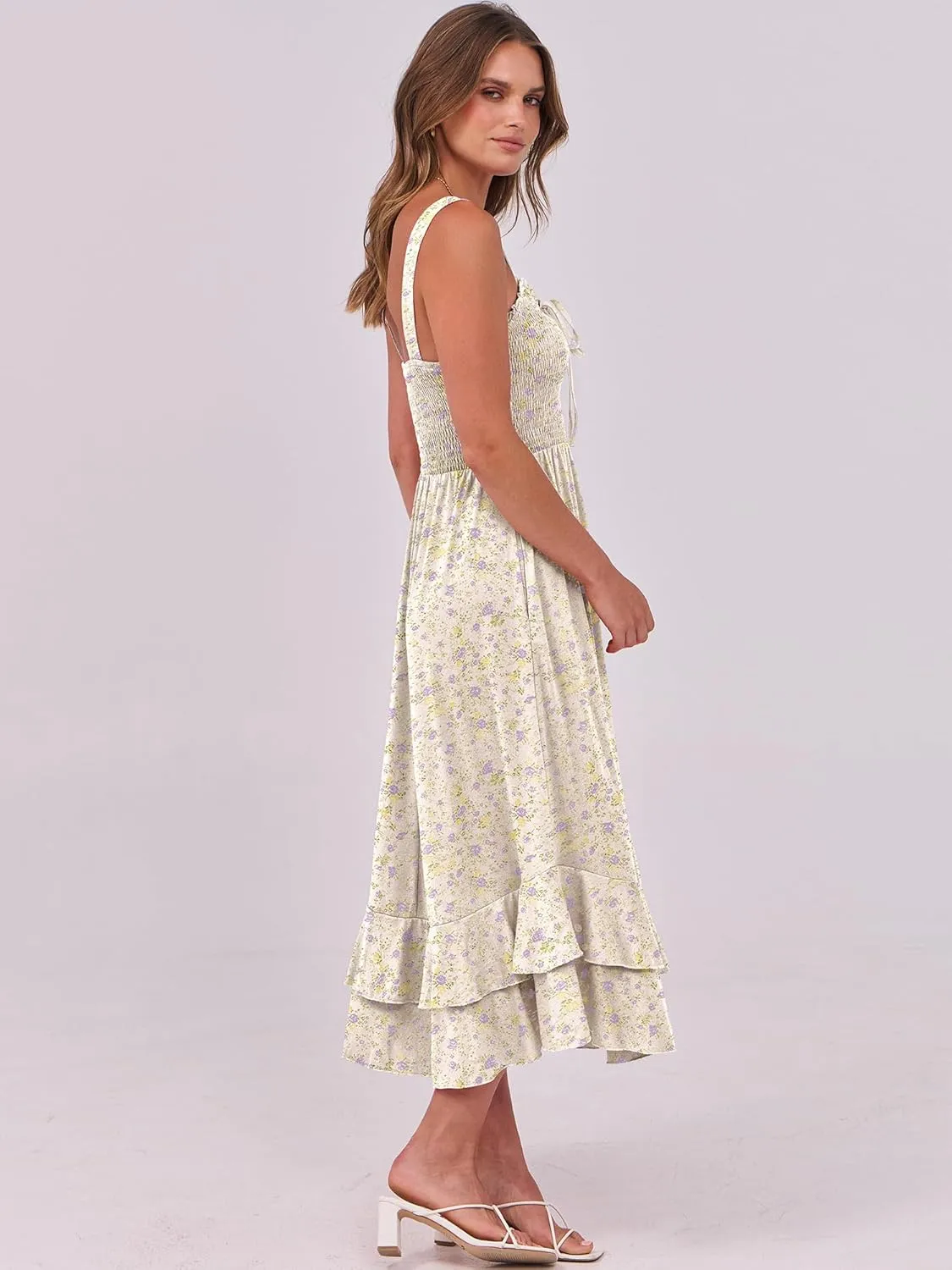 Caracilia Women's Smocked Maxi Dress Summer Casual Boho Sleeveless Strap Ruffle Backless Swing Flowy Beach Long Sundress