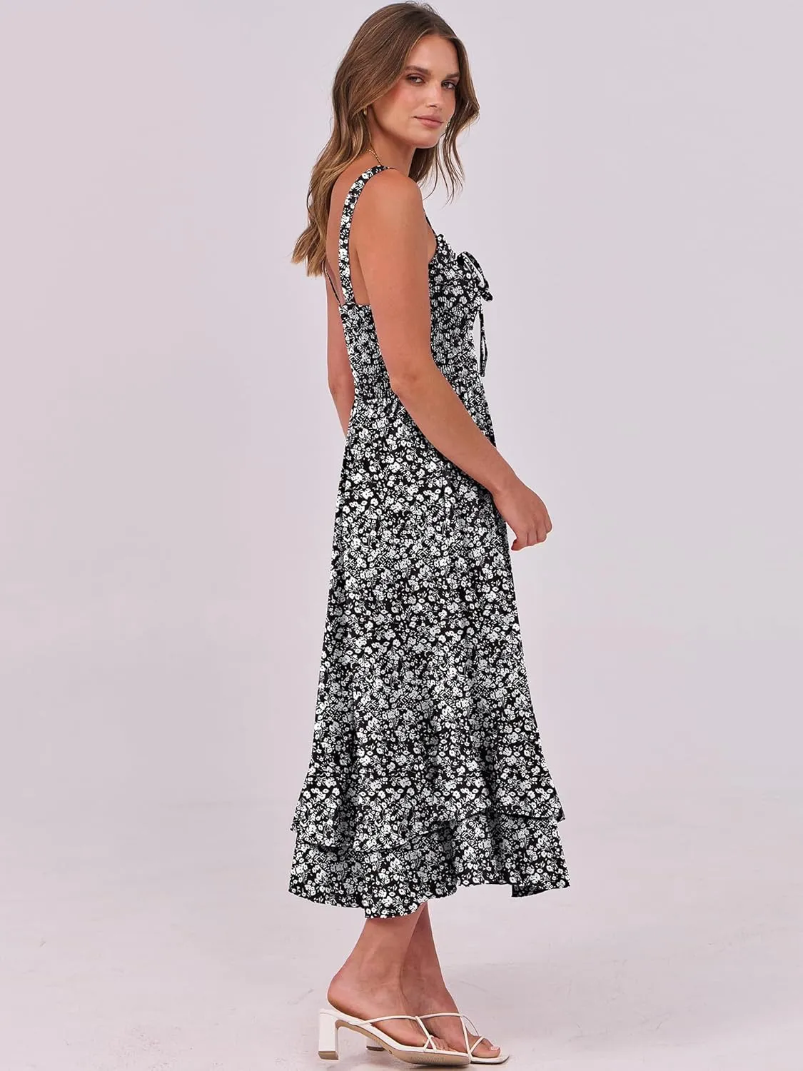 Caracilia Women's Smocked Maxi Dress Summer Casual Boho Sleeveless Strap Ruffle Backless Swing Flowy Beach Long Sundress
