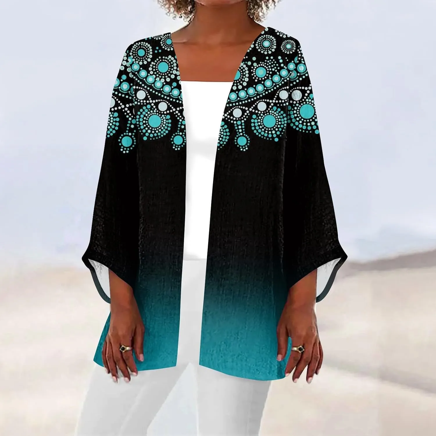 Cardigan Sweater for Womens Retro Print 3/4 Sleeve Blouse Tops Coat Casual Duster Cardigans Lightweight Jackets