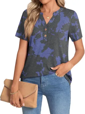 CATHY Womens Summer Tunic Tops Short Sleeve V-neck Henley Shirts Trendy Button Blouses