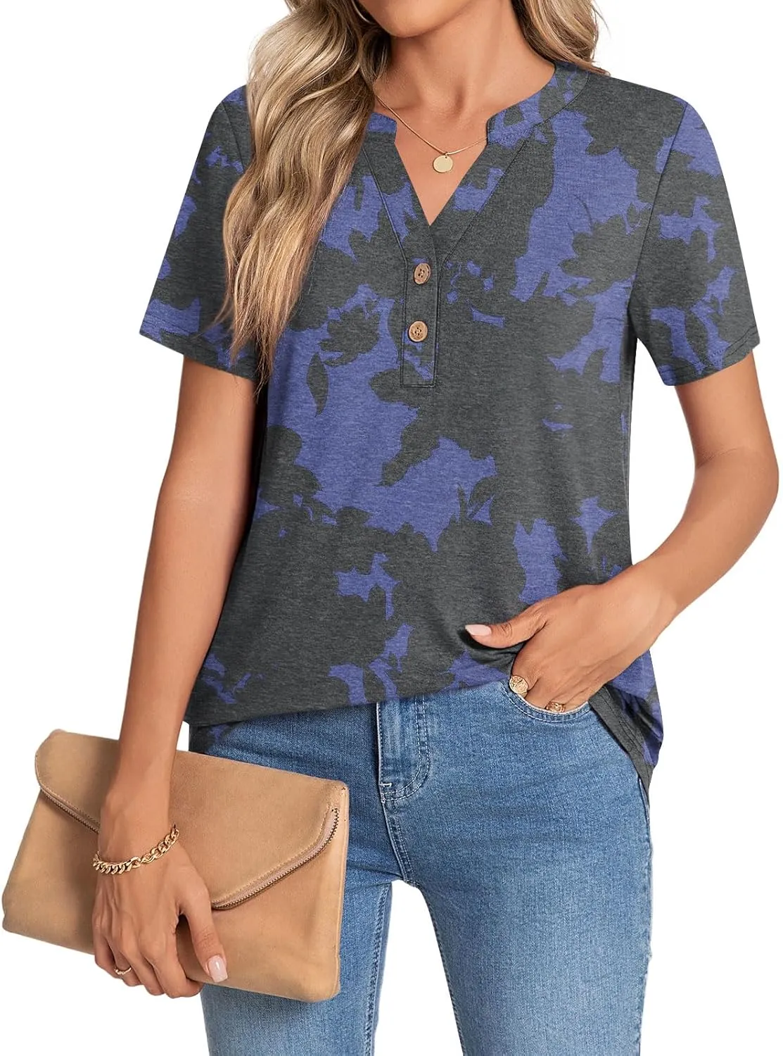 CATHY Womens Summer Tunic Tops Short Sleeve V-neck Henley Shirts Trendy Button Blouses