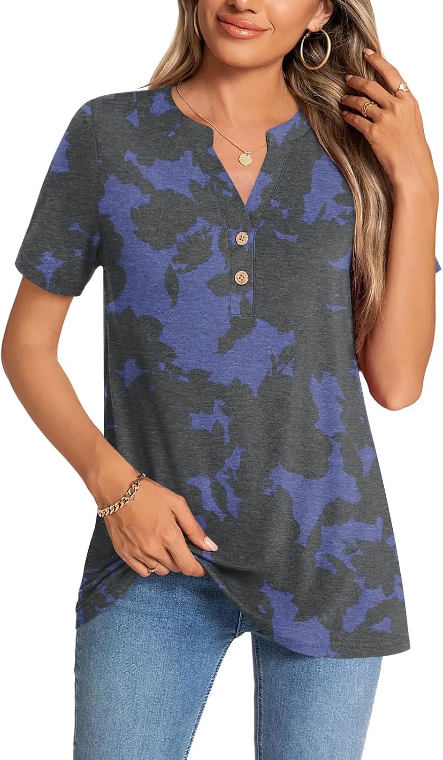 CATHY Womens Summer Tunic Tops Short Sleeve V-neck Henley Shirts Trendy Button Blouses