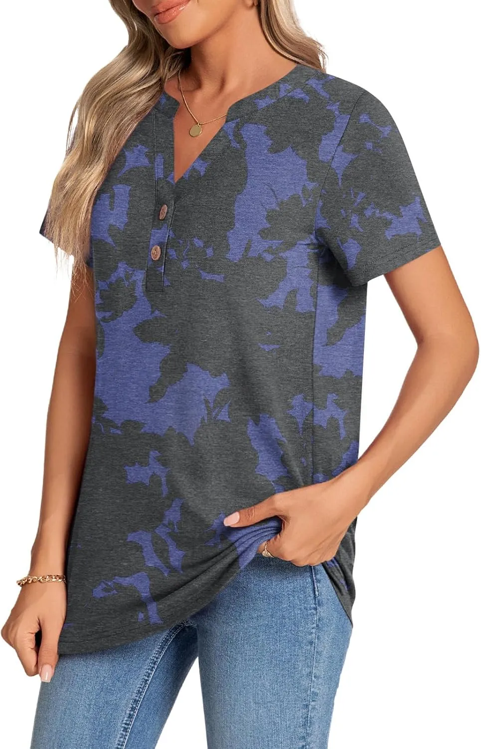 CATHY Womens Summer Tunic Tops Short Sleeve V-neck Henley Shirts Trendy Button Blouses