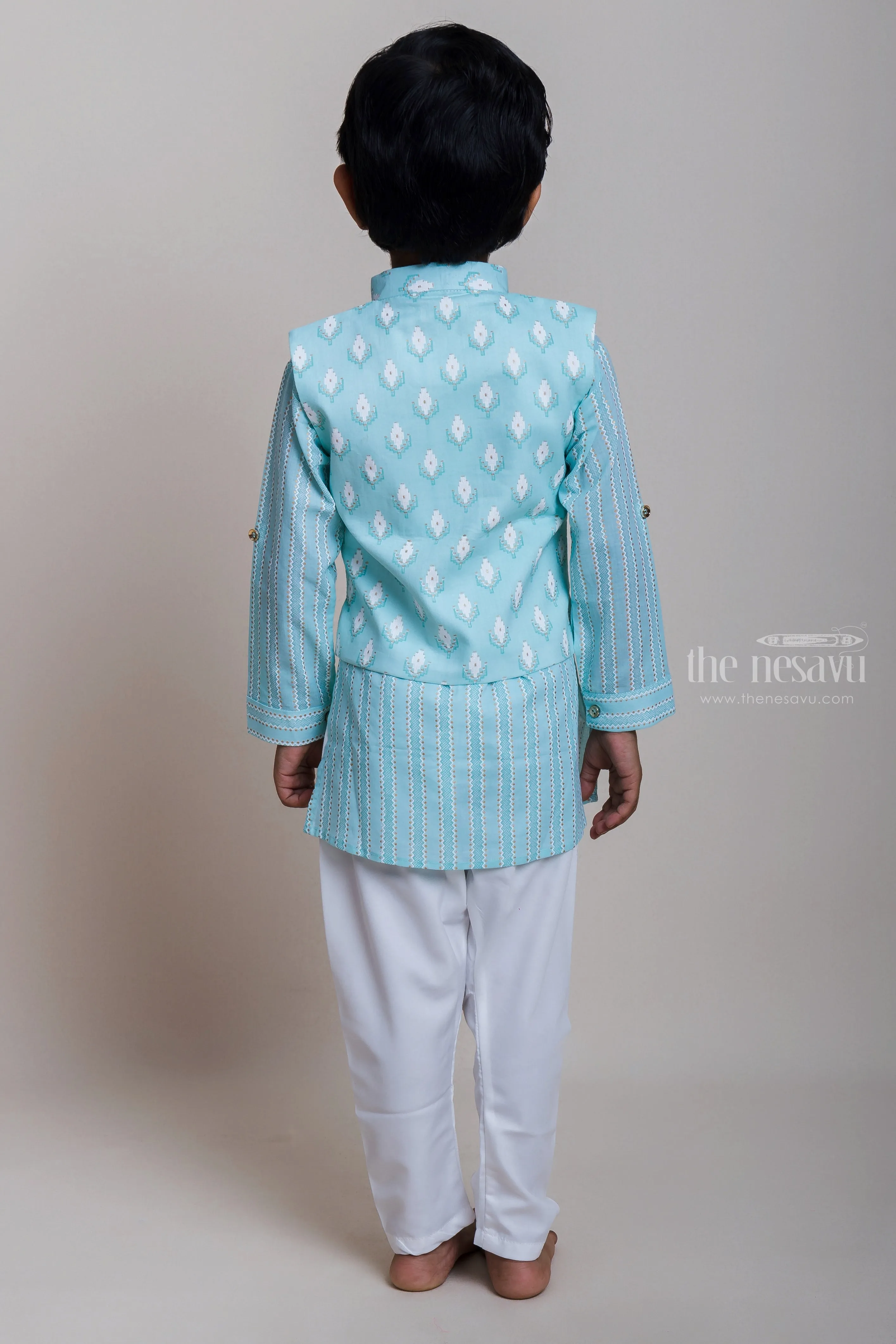 Designer Printed White Kurta And Green Jacket With Pants For Baby Boys