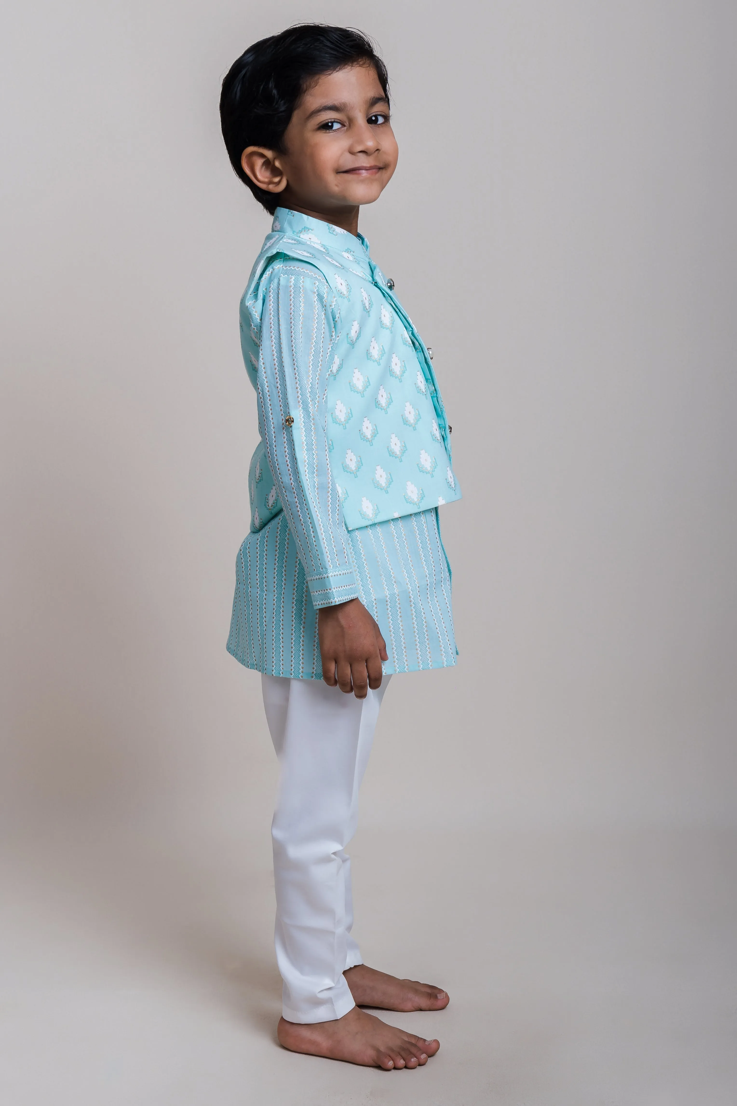 Designer Printed White Kurta And Green Jacket With Pants For Baby Boys