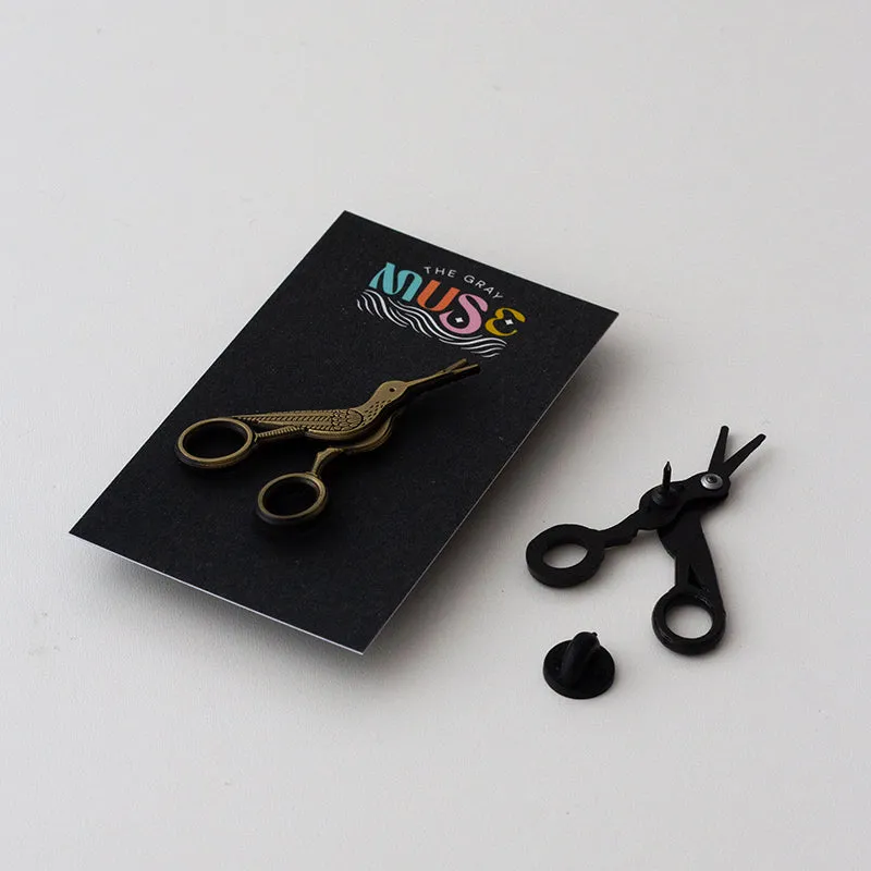 Embroidery Crane Interactive Scissors Enamel Pin