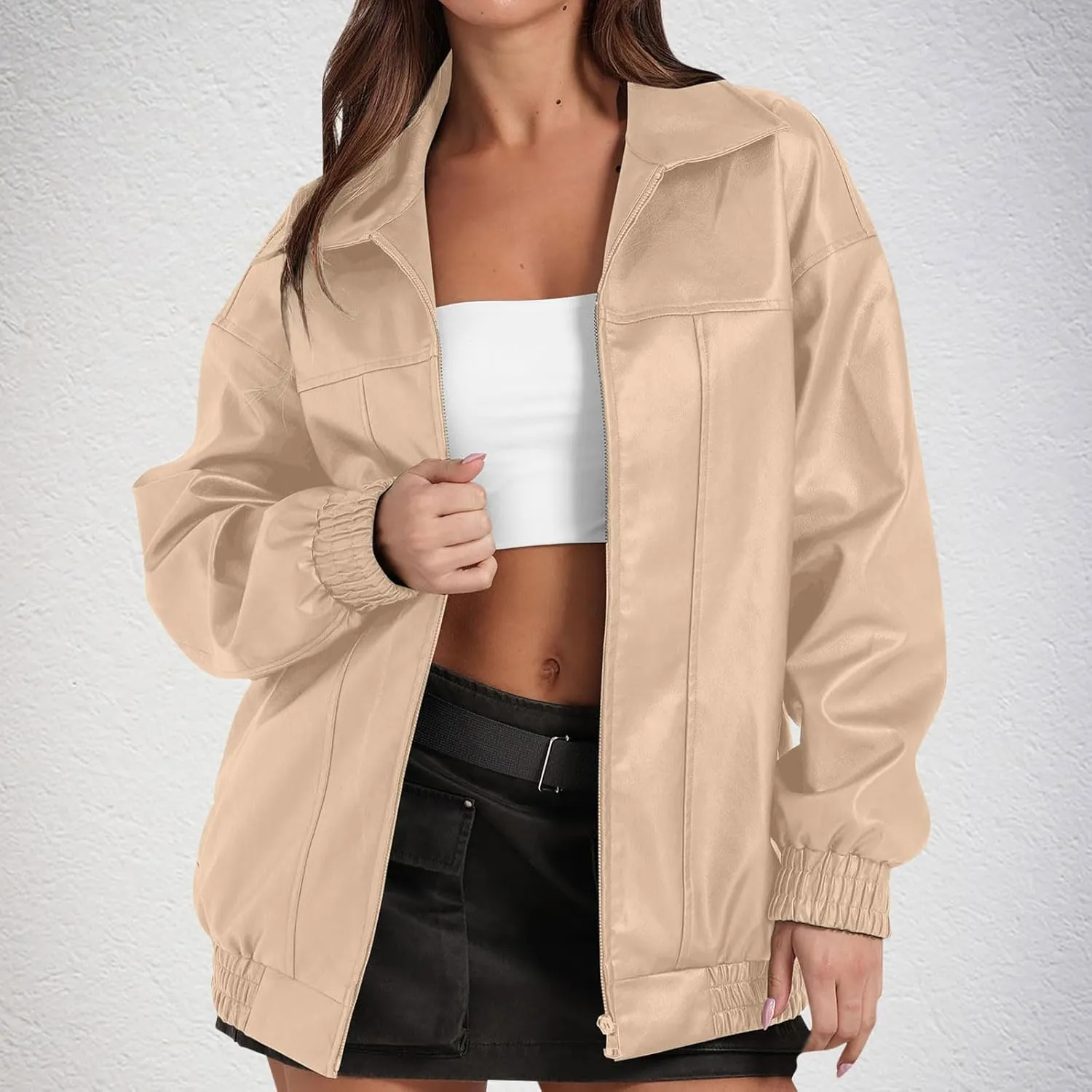 Faux Leather Jacket for Women Lapel Oversized Motorcycle Jacket Zip Up Bomber Coats Winter Fashion 2024 Fall Outfits