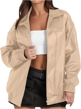 Faux Leather Jacket for Women Lapel Oversized Motorcycle Jacket Zip Up Bomber Coats Winter Fashion 2024 Fall Outfits