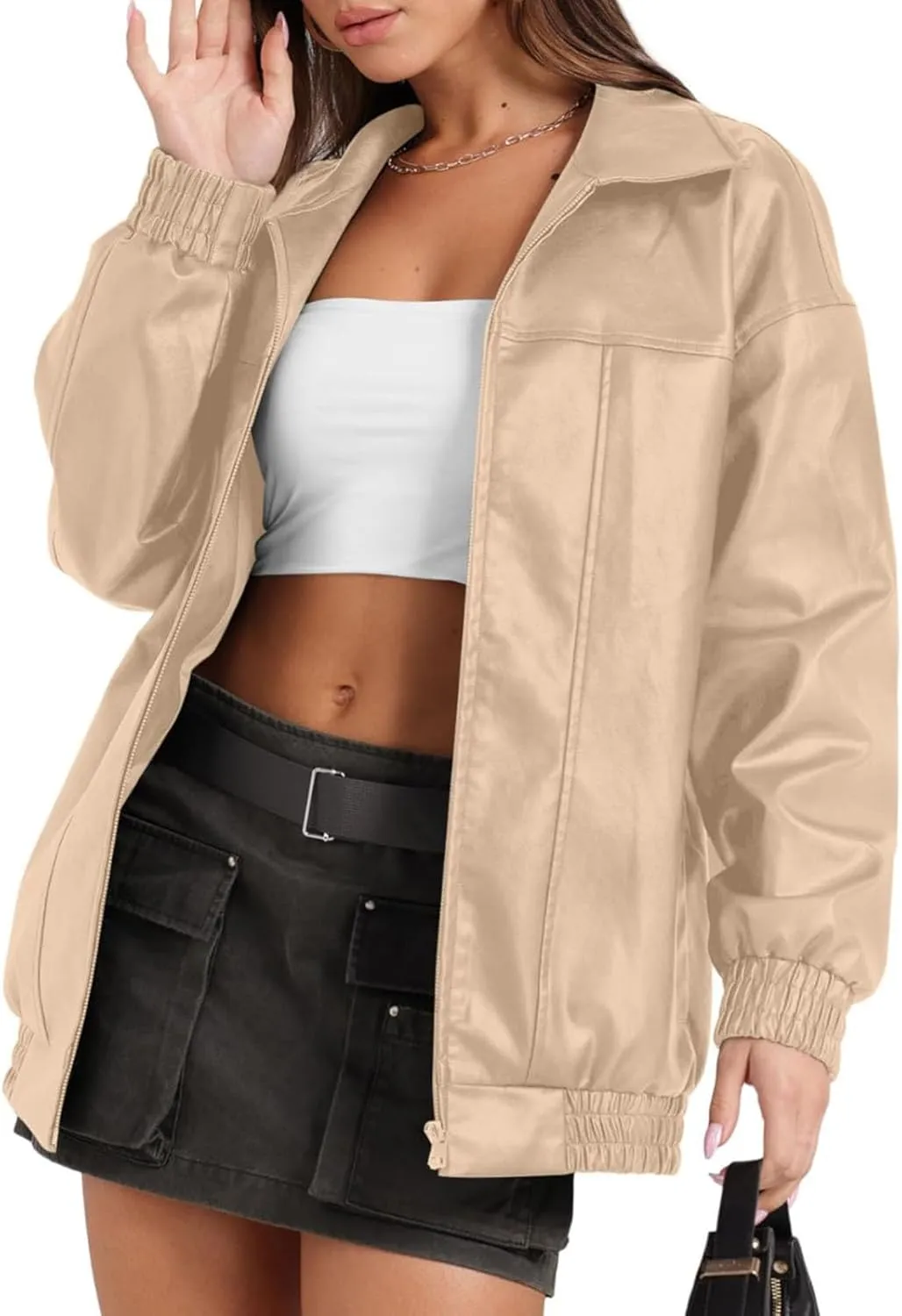 Faux Leather Jacket for Women Lapel Oversized Motorcycle Jacket Zip Up Bomber Coats Winter Fashion 2024 Fall Outfits