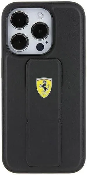 Ferrari Hard Case Grip Stand with Metal Logo for iphone 15 Pro 6.1" Black - FEHCP15XGSPSIK