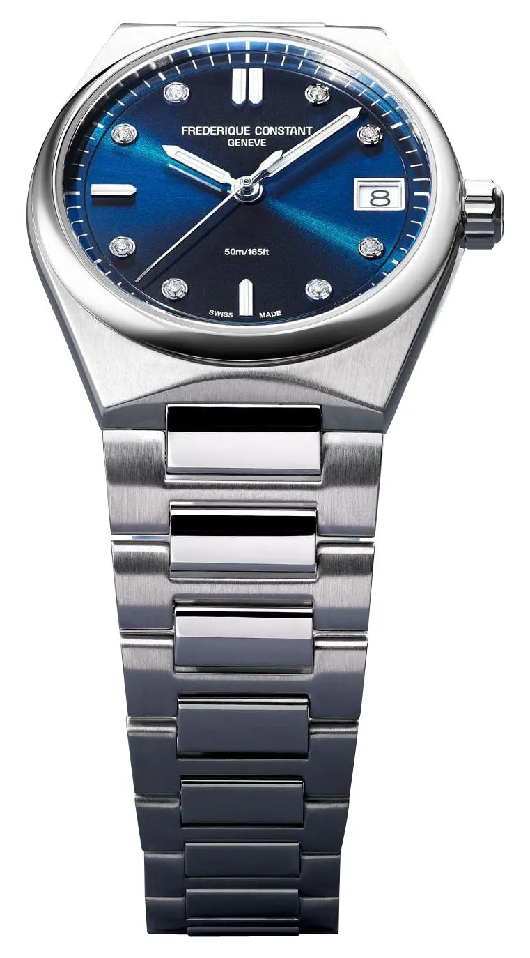 Frederique Constant Highlife Stainless Steel Blue Dial Diamonds Interchangeable White Rubber Strap Date Quartz Womens Watch FC-240ND2NH6B
