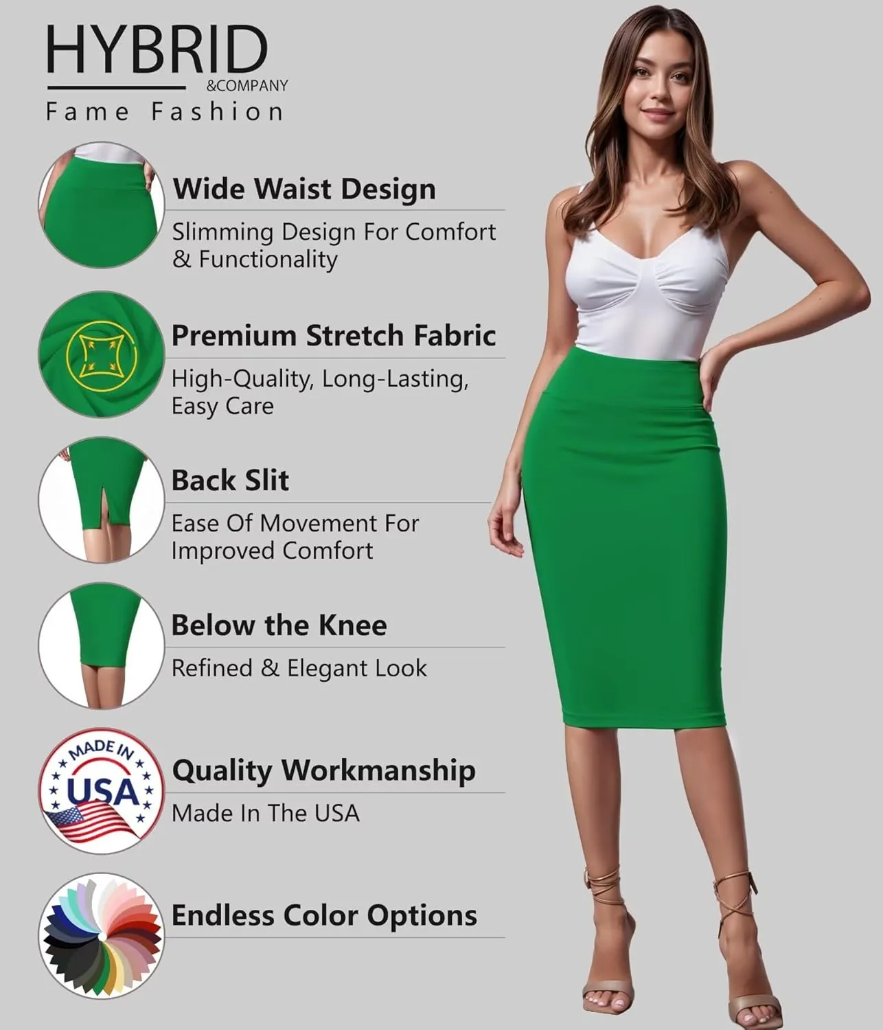 Hybrid & Company Women's Premium Nylon Ponte Stretch High Waist Pencil Suit Skirt Below Knee