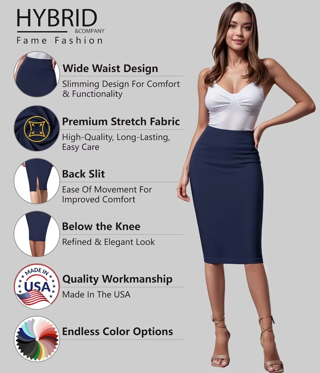 Hybrid & Company Women's Premium Nylon Ponte Stretch High Waist Pencil Suit Skirt Below Knee