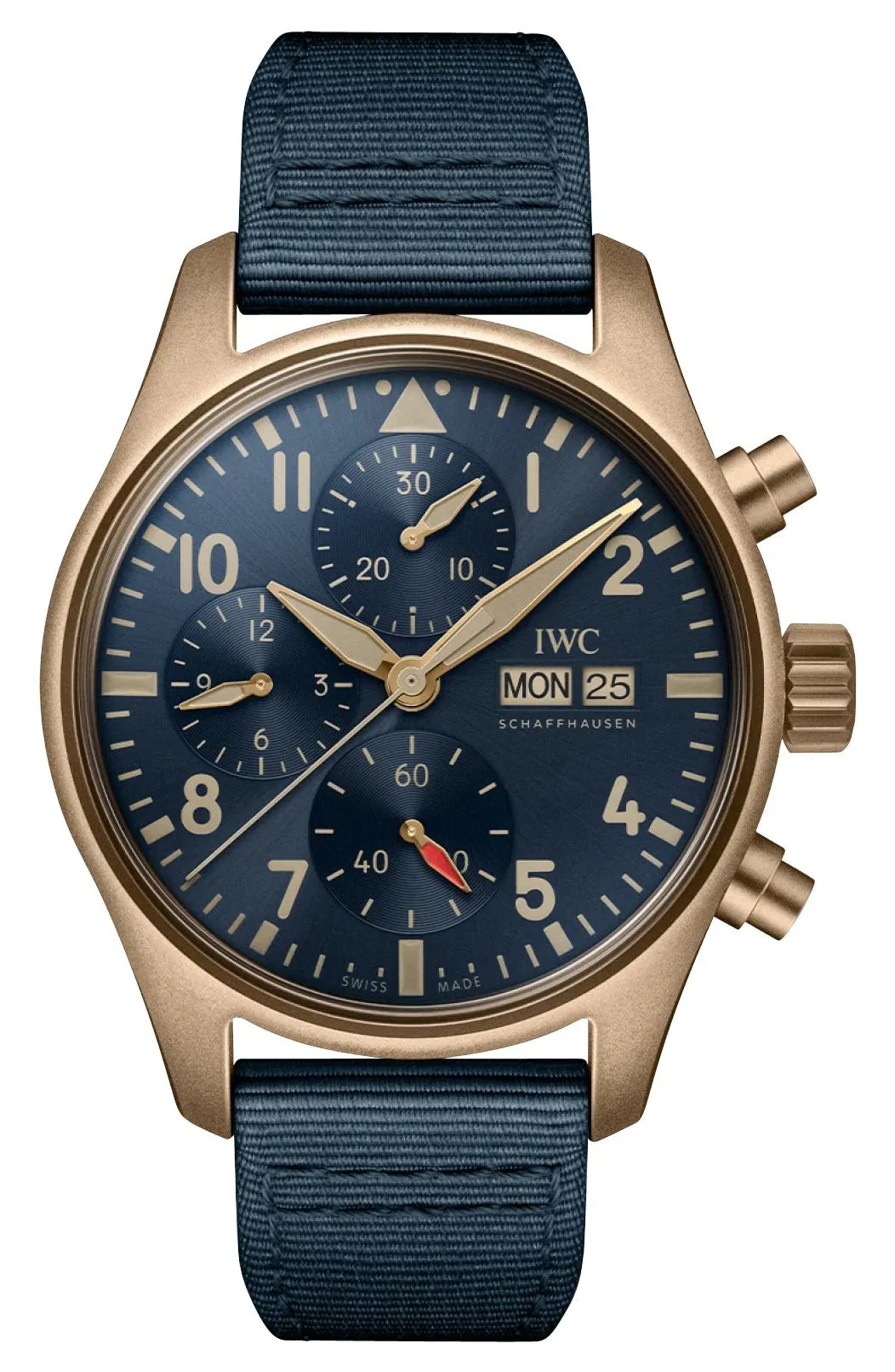 IWC Pilot's Automatic Chronograph Bronze Blue Dial Blue Textile Strap Day/Date Mens Watch IW388109