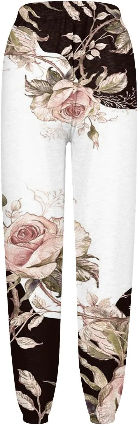 Ladies High Waist Casual Sweatpants Sports Print Drawstring Elastic Waist and Leggings Trousers with Pockets Pants