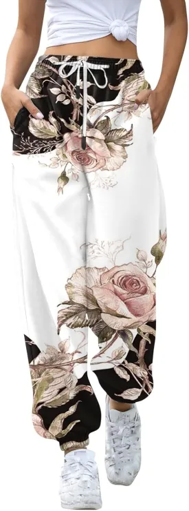 Ladies High Waist Casual Sweatpants Sports Print Drawstring Elastic Waist and Leggings Trousers with Pockets Pants
