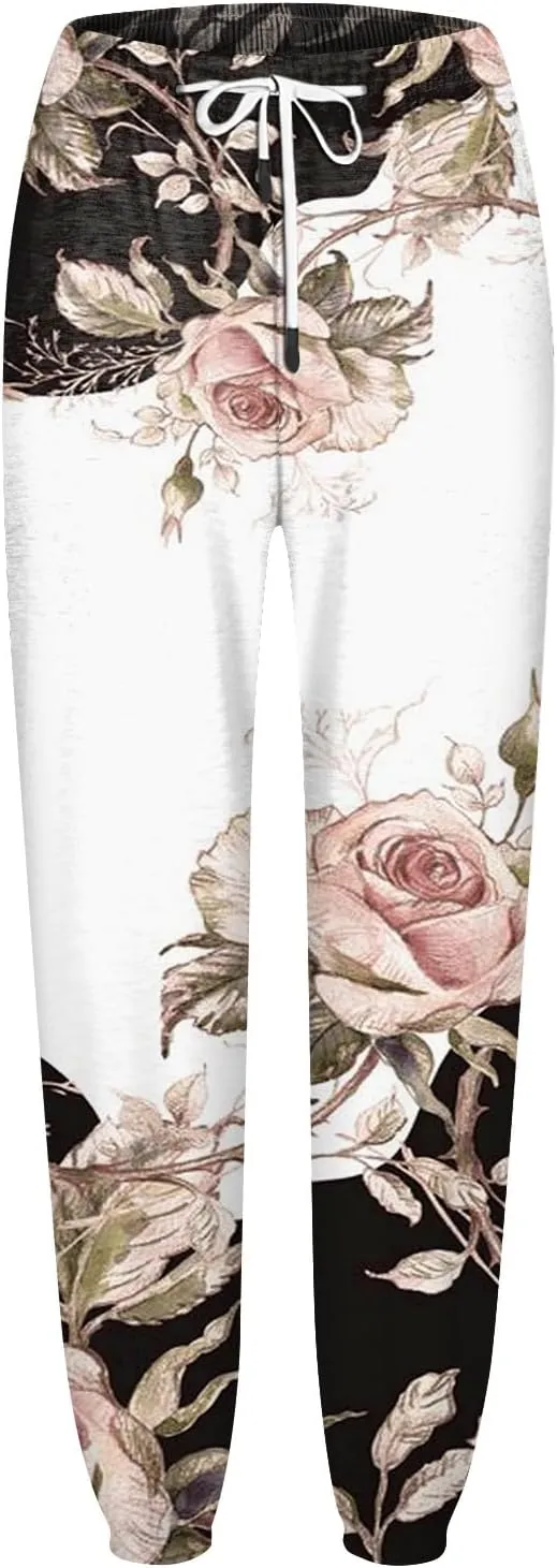 Ladies High Waist Casual Sweatpants Sports Print Drawstring Elastic Waist and Leggings Trousers with Pockets Pants